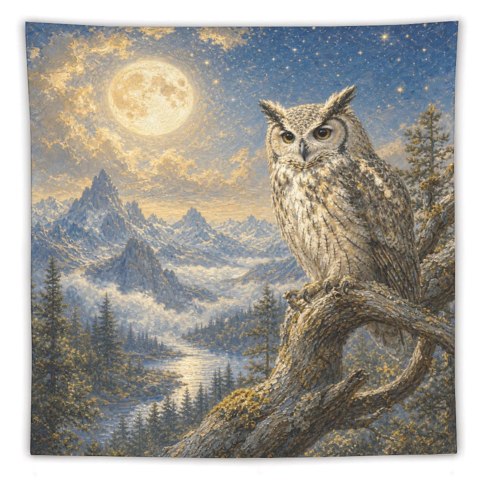 Snowy Owl under Moon Wall Tapestry, Fantasy Illustration, Apartment