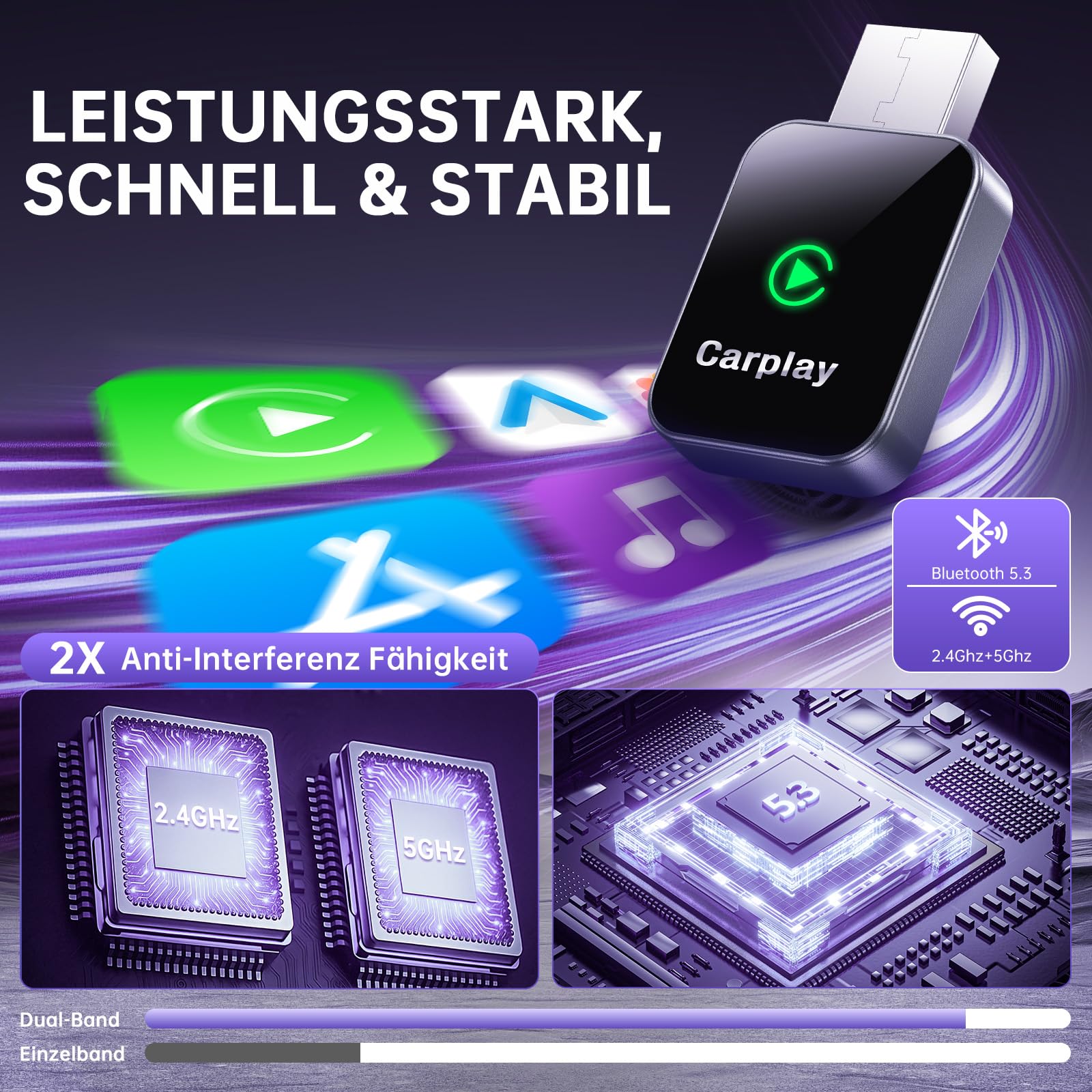 WeChip carplay Wireless Adapter, 2-in-1 Android Auto Wireless Adapter, Plug & Play, USB-A/Typ-C, ultraschnelle & stabile Verbindung, mini & kabellos, geeignet für iPhone CarPlay