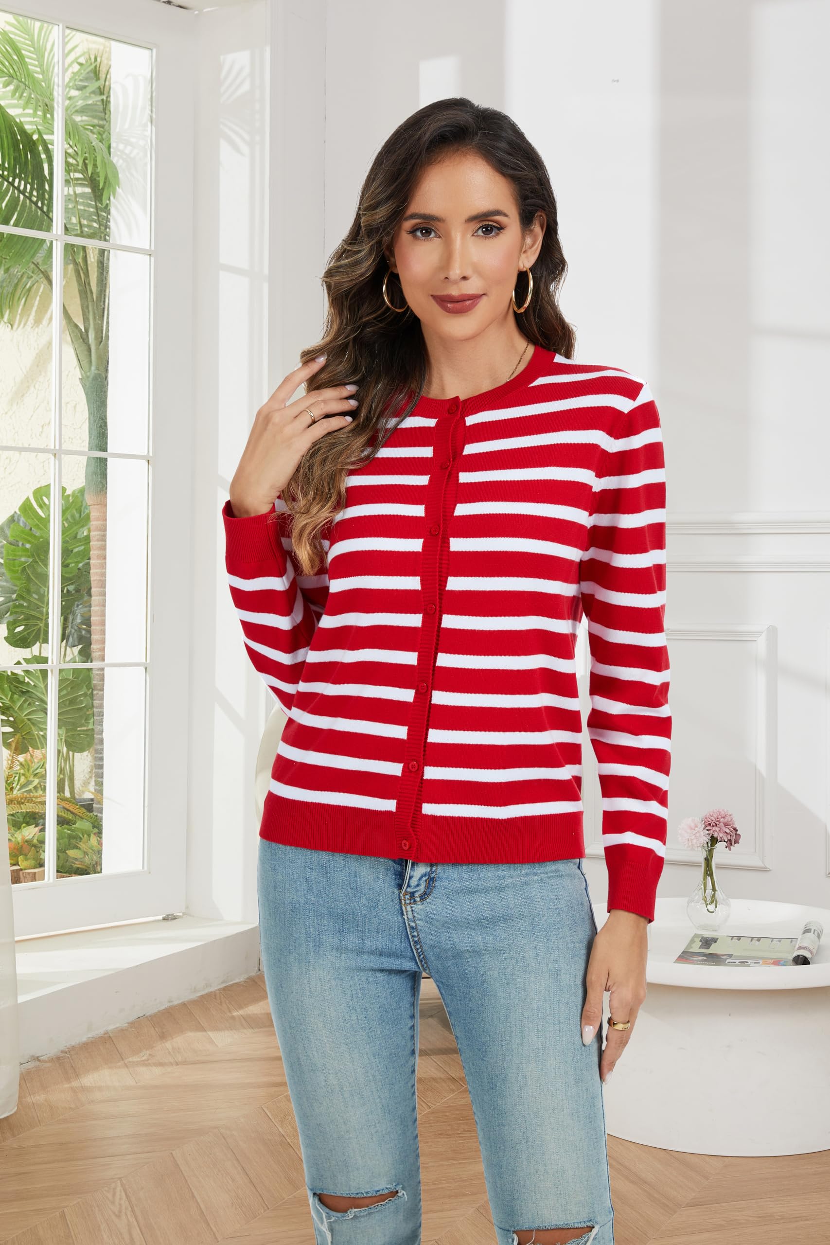 CUNYI Cardigan de Punto para Mujer Rebeca Cuello Redondo Clásico Manga Larga Chaqueta de Mujer con Botones Abrigo Elegante, Rojo y Blanco S