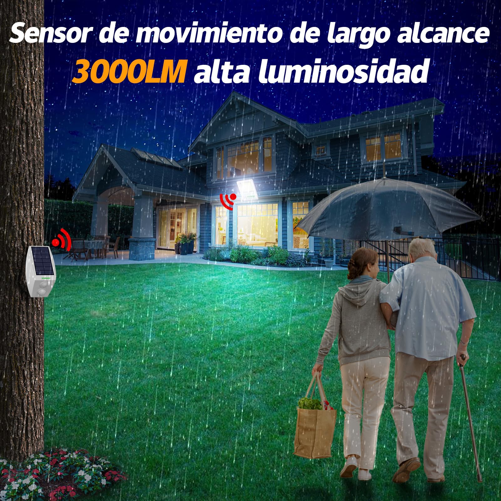 intelamp Foco LED Solar Exterior 2000LM, Batería 12000mAh, Color Blanco 6500K, Sensor de Movimiento con Caja Externa, 3 Modos, IP65 Impermeable, Lámpara de Seguridad para Jardín y Terraza