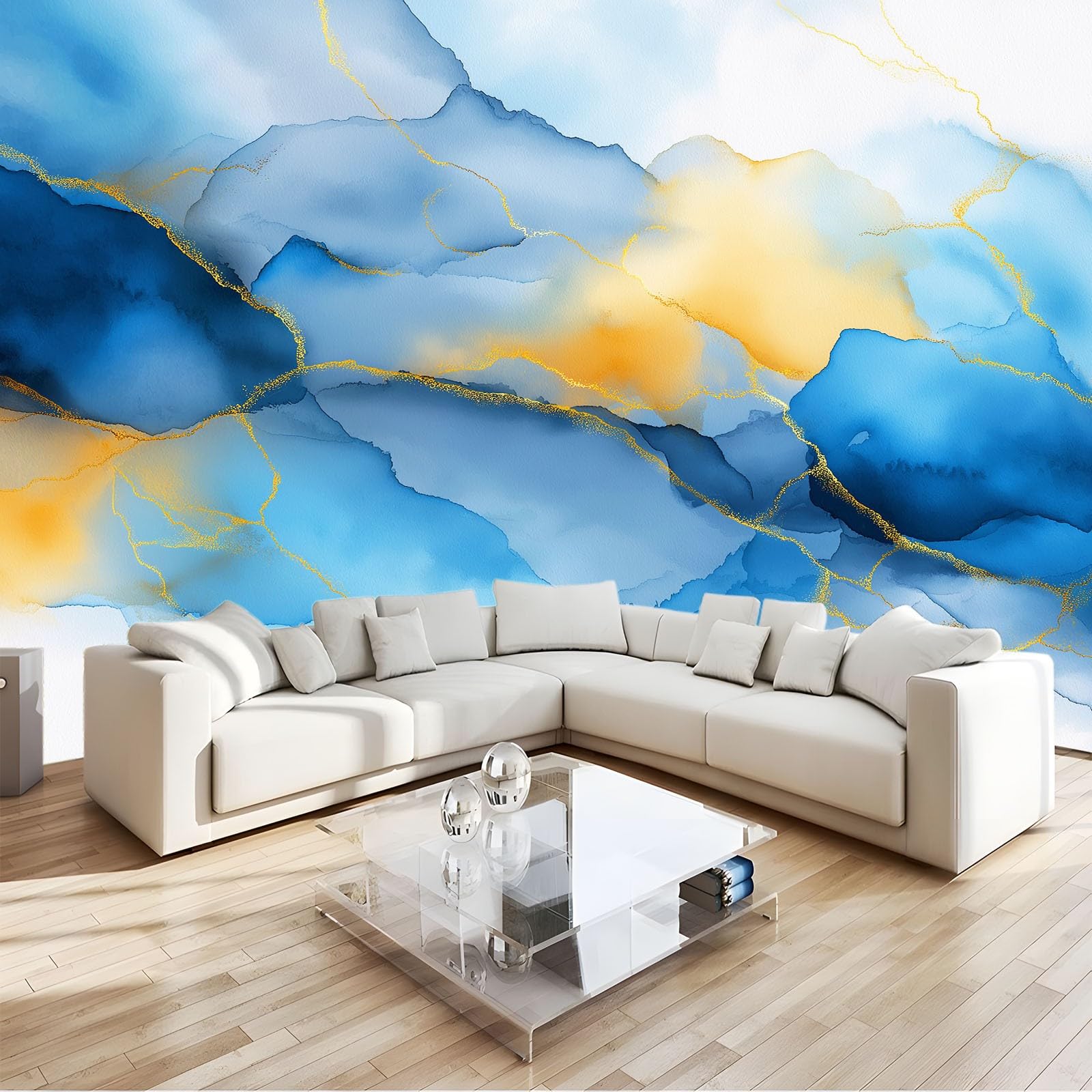 Abstract Watercolor Marble Wallpaper Mural, Non-Woven Blue Print Photo Wallpaper - Wall Mural Poster for Bedroom Living Room Dining Hallway Lounge Decor, 150 x 105 cm