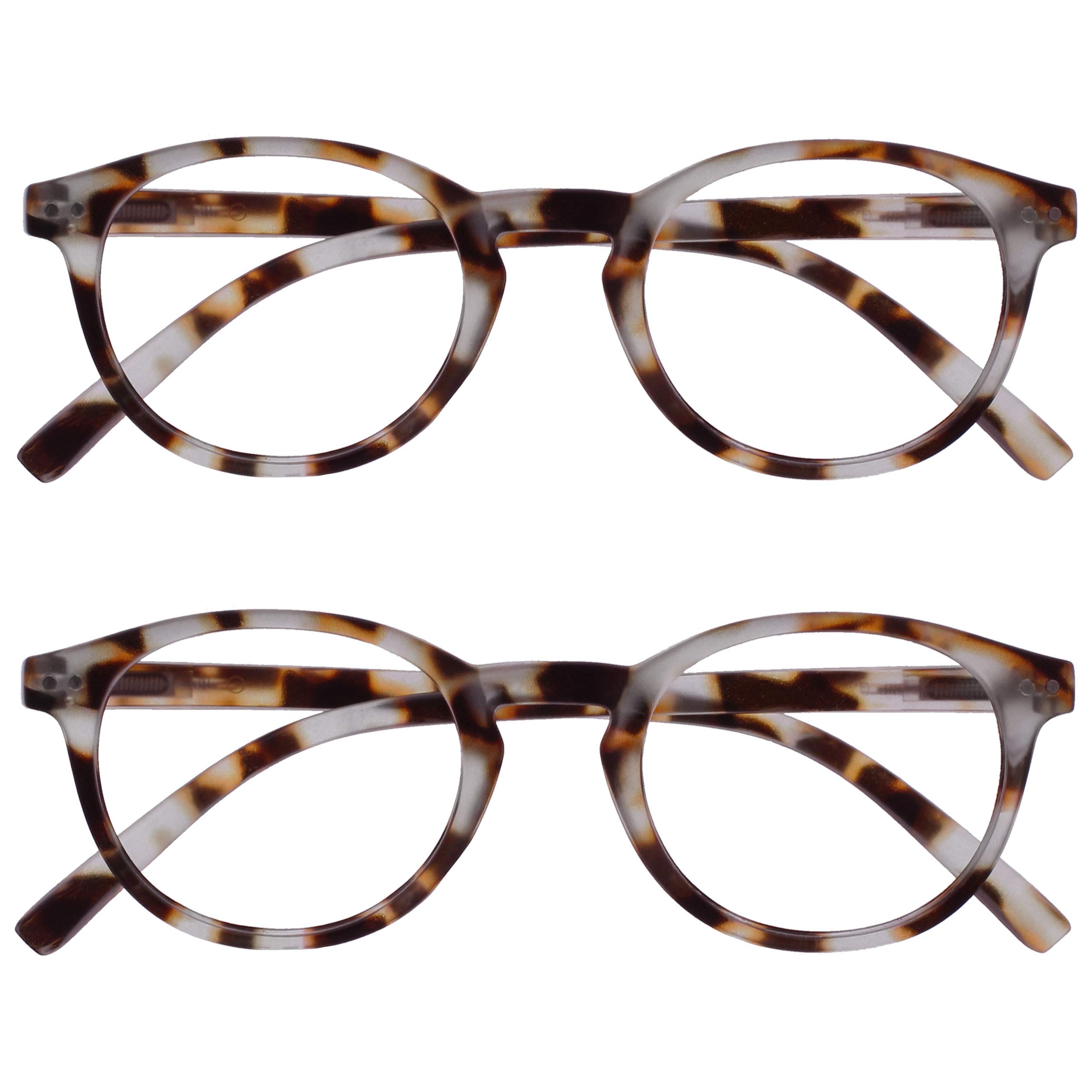 Opulize Zen Reading Glasses 2 Pack Cool Round Frame Spring Hinges Scratch Resistant Matt Light Brown Tortoiseshelll Mens Womens RR24-1T +2.50