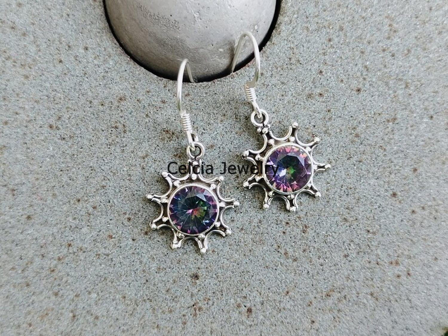 Pendientes colgantes de plata de ley 925 pura para mujer, pendientes hechos a mano increíbles con piedras preciosas redondas facetadas de topacio místico genuino para ella