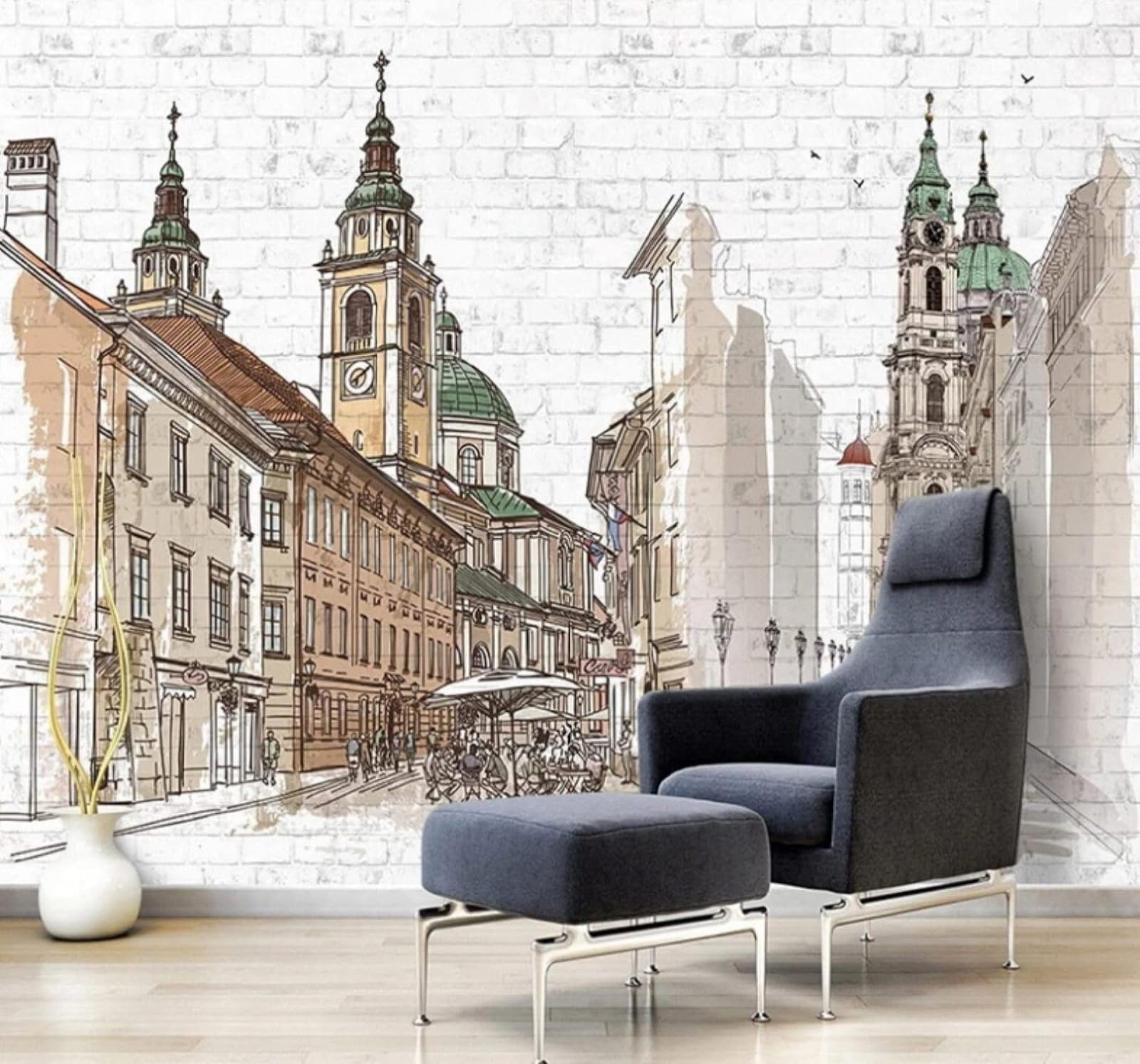 Retro Brick Wall Hand Drawn Urban Architecture Art 3D Wallpaper Easy Install Feature Office Living Room Sofa Bedroom TV Background Wall Decoration-200cm×140cm