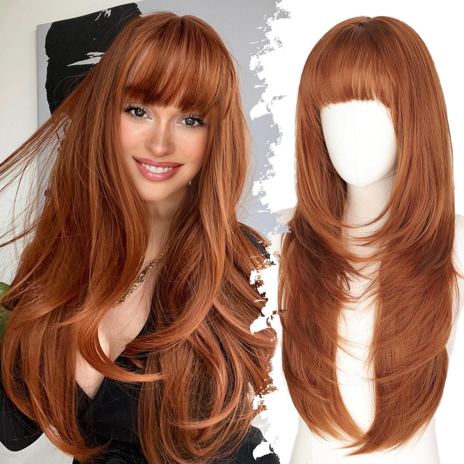Photo 1 of Luxclipse Auburn Long Layered Human Hair Wig with Bangs (26 Inch)