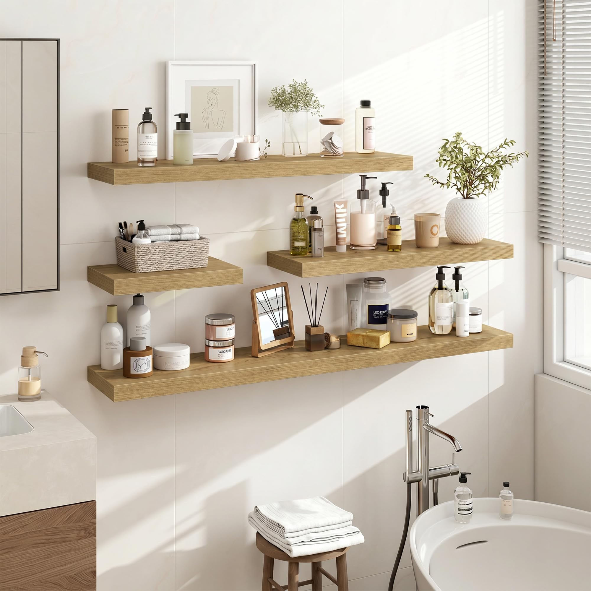 Acovy Lot de 2 étagères murales flottantes en bois pour salon, salle de bain, chambre à coucher, cuisine, chêne - 23,5 cm de profondeur - 80 cm de long