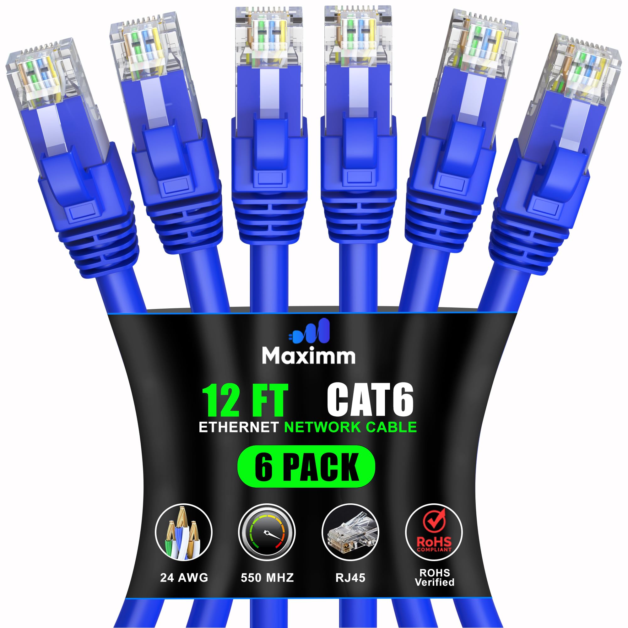 Maximm Cavo Ethernet e cavo di rete Cat6, 3,7 m, blu LAN Rj45 cavo patch Internet, cavo Ethernet Cat6 ad alta velocità (confezione da 6)