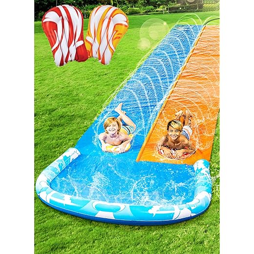 JOYIN 22.5ft Water Slides and 2 Bodyboards, Lawn Water Slide Summer Slip Waterslides Water Toy with Build in Sprinkler for Backyard Outdoor Water Fun for Kids