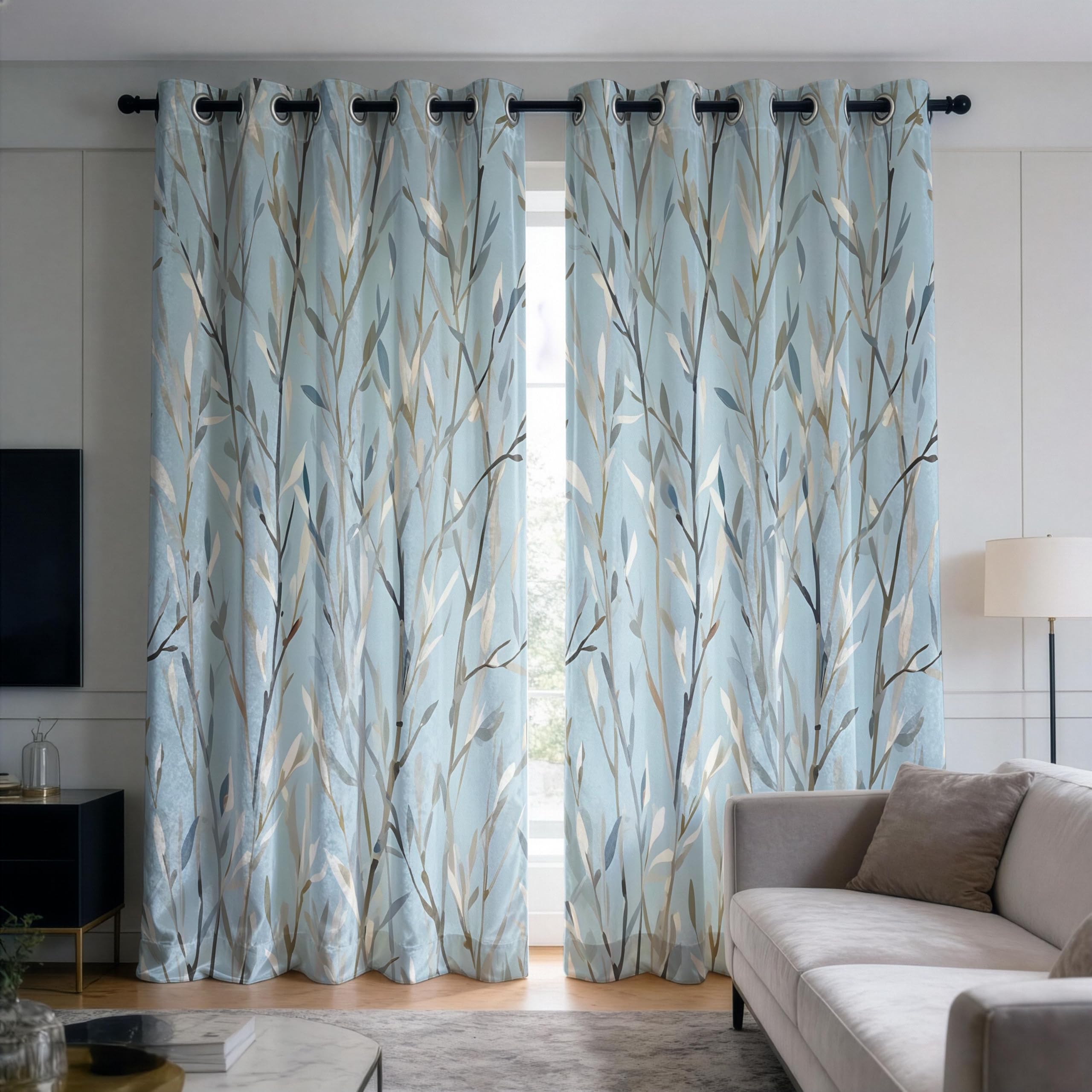IKDZCM Blue Leaf Print Blackout Curtains for Bedroom, Botanical Drapes, Nature Curtains, Living Room Drapes Window Panels(WxH/2x140x180cm)