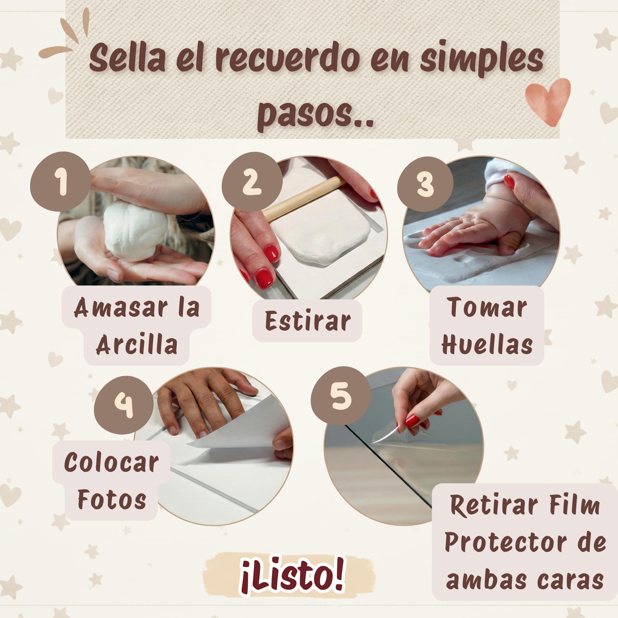 LUMS Marco Huellas Bebé Recién Nacido - Kit de Huella con Arcilla Flexible que No se Agrieta - Madera Blanca de excelente acabado, Regalo Bebé Recién Nacido Original