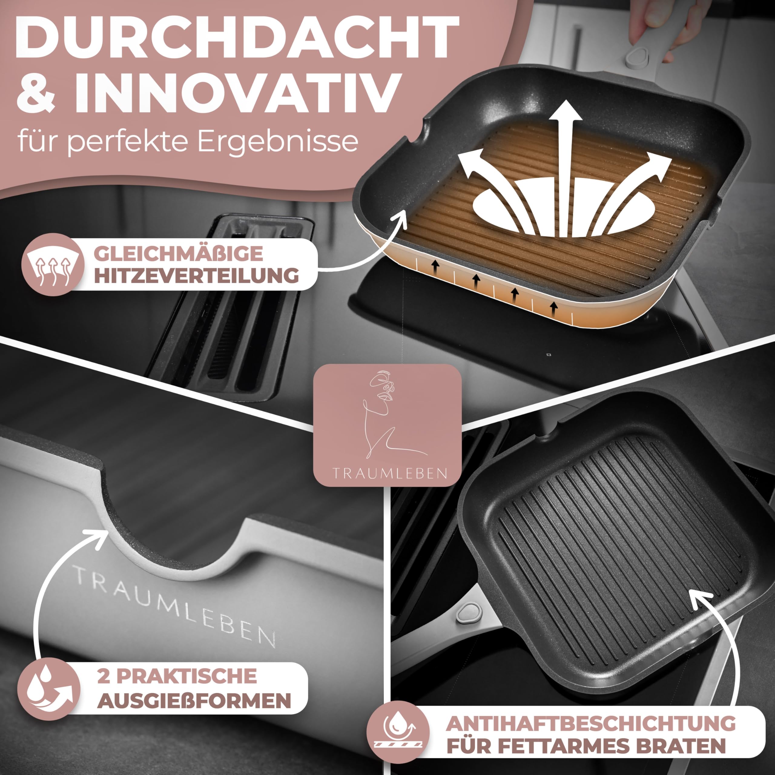 TRAUMLEBEN Padella Grill 28 cm con beccuccio – antiaderente per induzione, manico removibile, PFOA free, adatta al forno, ideale per bistecca (grigio)