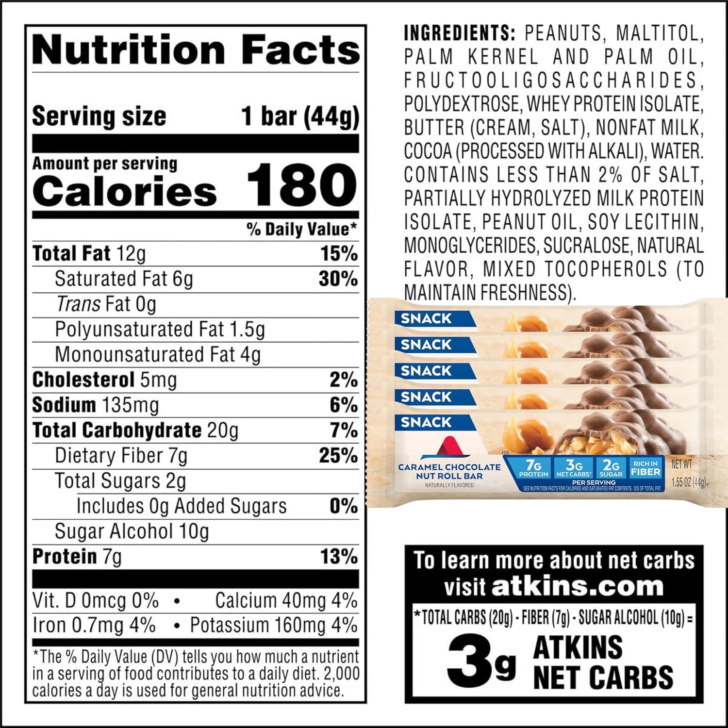 Atk-ins Caramel Chocolate Nut Roll Snack Bar, Protein Snack, High in Fiber,2g Sugar caramel chocolate bar Nut Roll 1.55 oz bars10 count