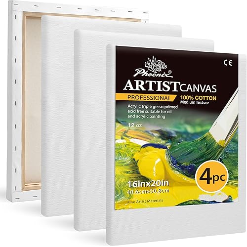 PHOENIX Professional Stretched Canvas for Painting - 16x20 Inch/4 Pack 3/4 Inch Profile, 100% Cotton 12 Oz. Heavy Duty Gesso Triple Primed White Blank Artist Canvases for Oil & Acrylic Paints