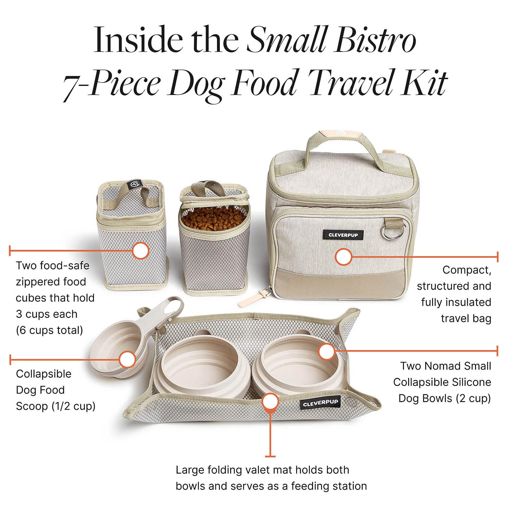 Cleverpup, Kit de viaje de comida para perros de 7 piezas, almacenamiento pequeño de croquetas de 6 tazas, 2 cuencos de silicona, alfombrilla y cuchara, kit de comida portátil de alta calidad para