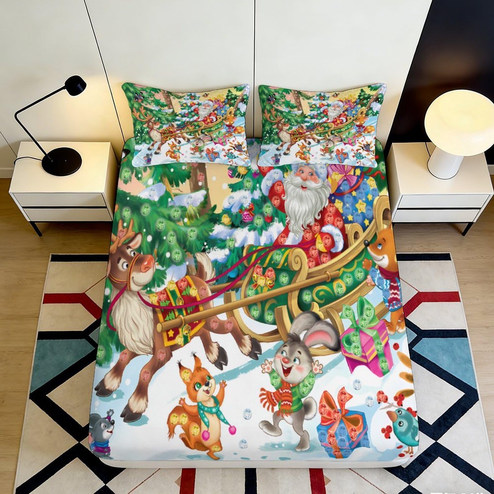 Pnayamiorkfel Style-1 3D Printed Christmas Santa Fitted Sheet Microfiber Colourful Festive Reindeer Mattress Cover Bedroom Decor 90X200x25cm