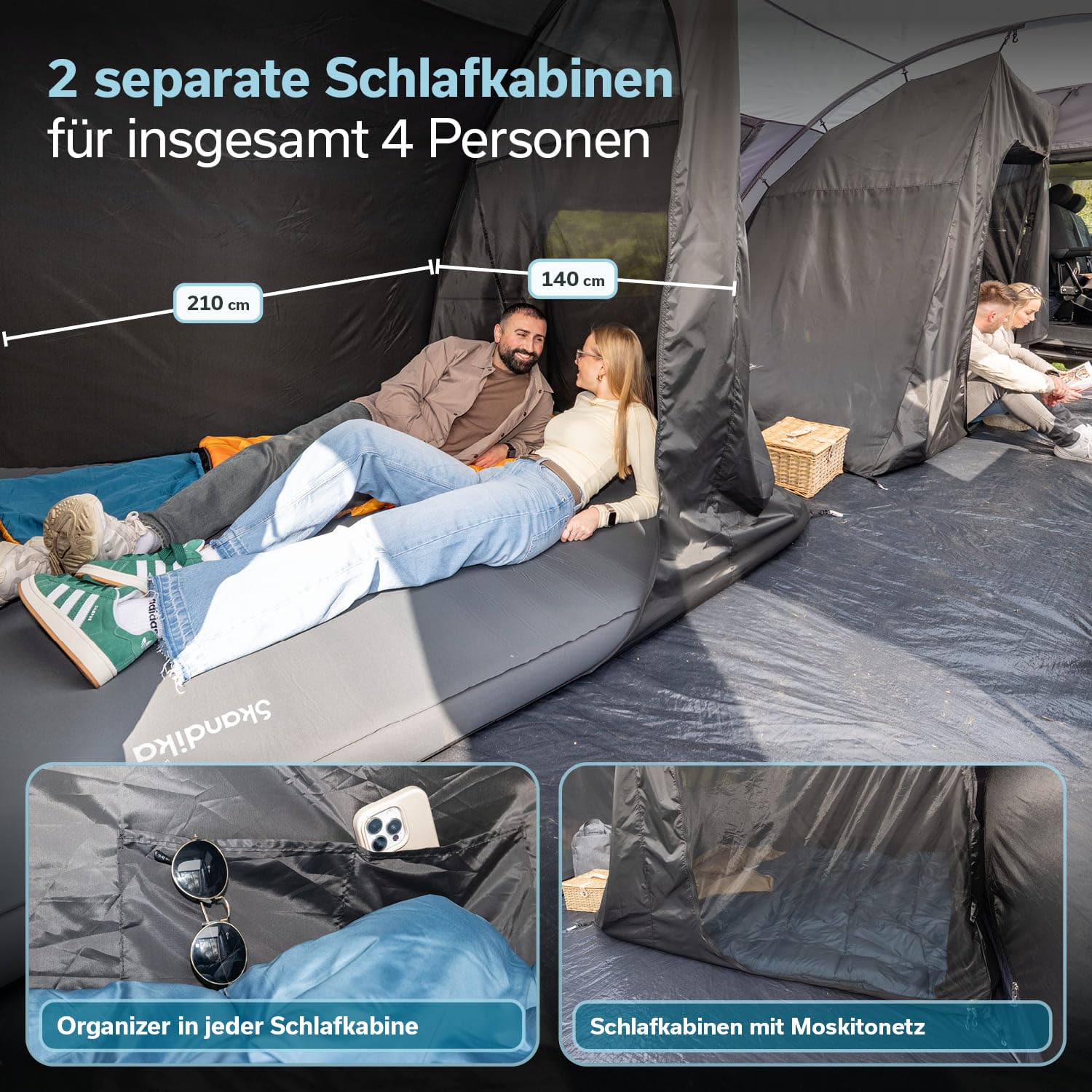 Skandika Esbjerg Travel 4 Protect namiot przedsionek autobusowy, wolnostojący, dla 2 lub 4 osób, wszyta podłoga namiotu, wysokość stania 210 cm, 2 sypialnie, słup wody 3000 mm, wodoodporny, namiot
