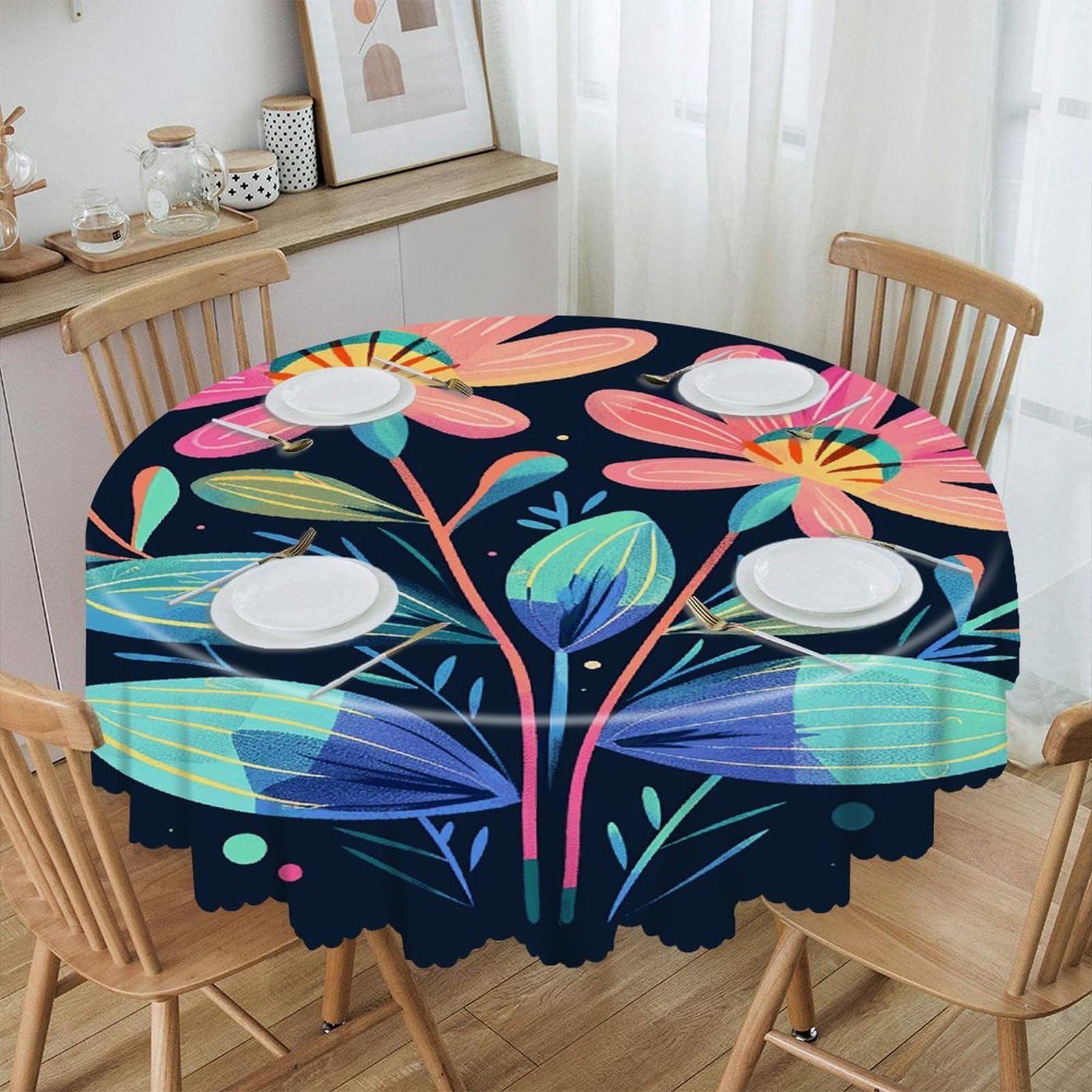 VstaDank Red and Green Leaves Round Tablecloth Wipeable Round Polyester Tablecloth Waterproof Wrinkle Free Indoor and Outdoor Table Cover 60 Inch Decorative Farmhouse Table Cloth for Dining