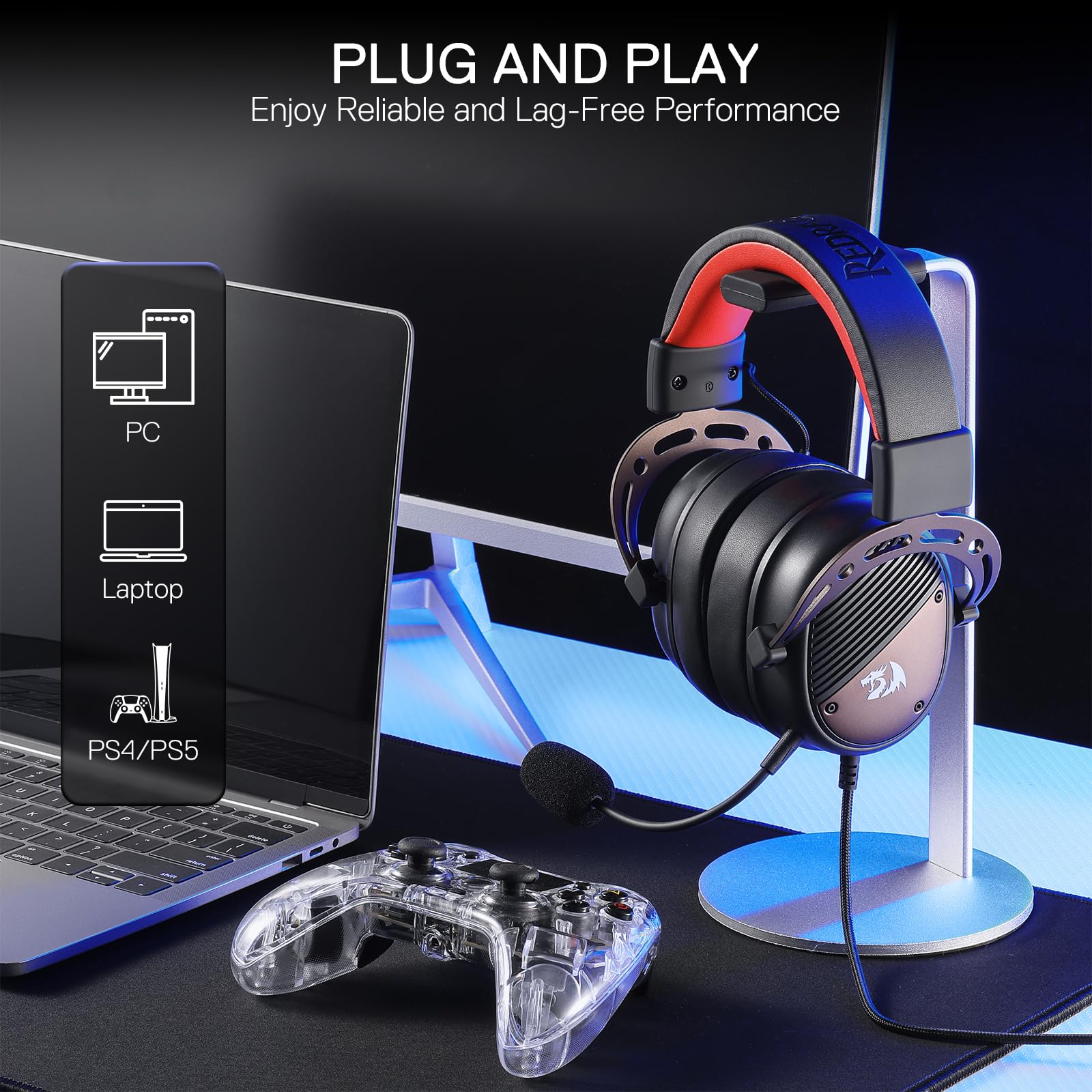 Redragon H730 Auriculares Gaming USB Cableados Drivers 53mm | Sonido Espacial 360° Micrófono Desmontable Cancelación Ruido Almohadillas Magnéticas Reemplazables