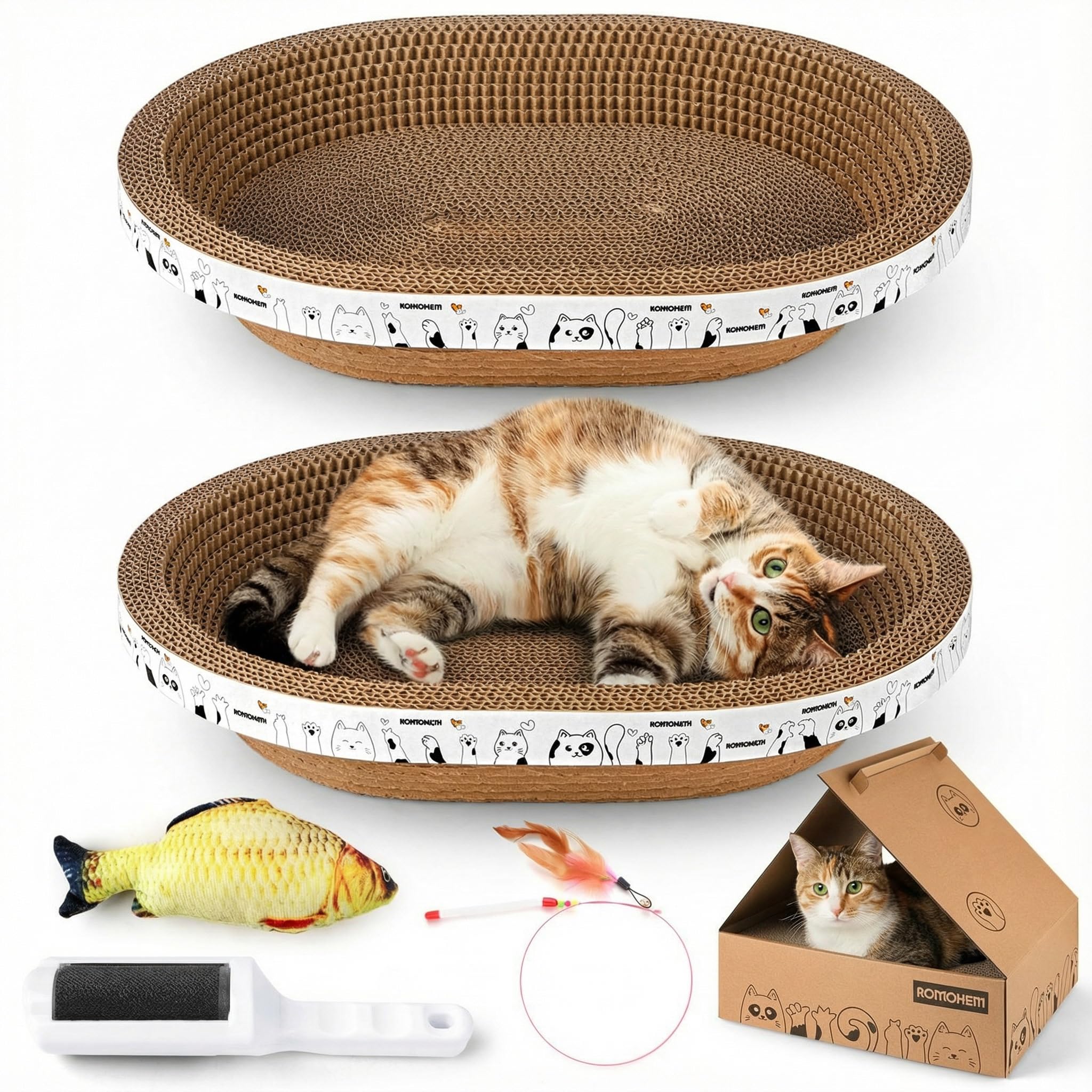 5 in 1 include 2 tiragraffi ovali in cartone ondulato + 1 casetta tiragraffi per gatti + 1 tappetino tiragraffi per gatti da interno durevole + 1 strumento per la rimozione dei peli degli animali