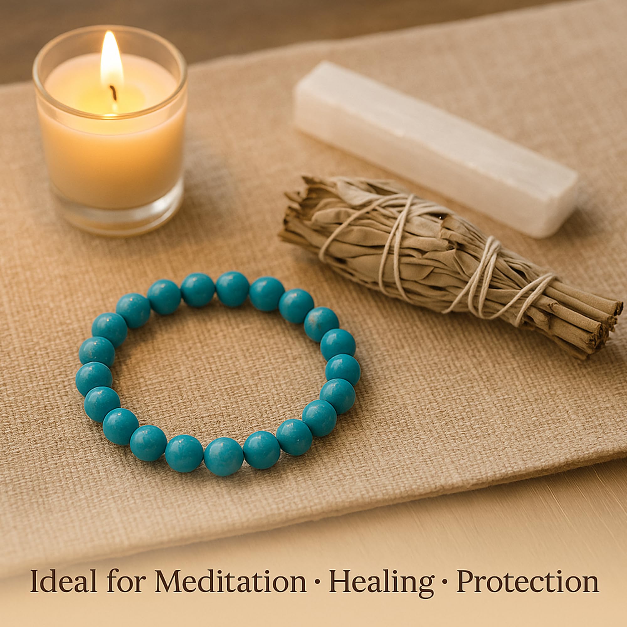 Serein Turquoise Bracelet 8mm Beaded Original Feroza Stone Healing Crystal Elasticated Bracelets for Calmness, Protection, Throat Chakra Balance & Stress Relief, Meditation & Yoga for Man & Women 4