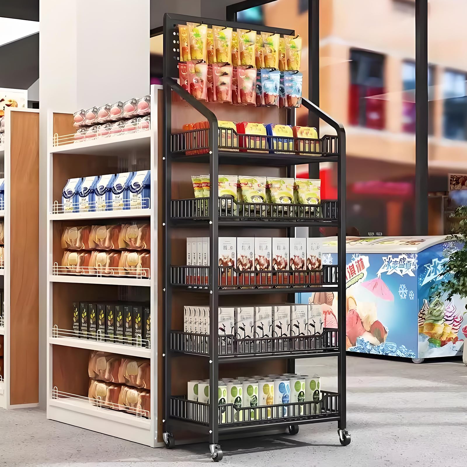 Espositore per vendita al dettaglio a 5 livelli, in metallo resistente, con ruote e 15 ganci, scaffale per riporre oggetti, con serratura per dispensa di generi alimentari domestici