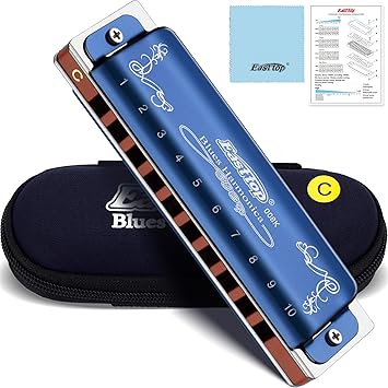East top Mouth Organ Harmonica Key of C, 10 Holes Diatonic Blues Harp Harmonica for Adults, Beginners and Professionals with Blue Case - image, photos