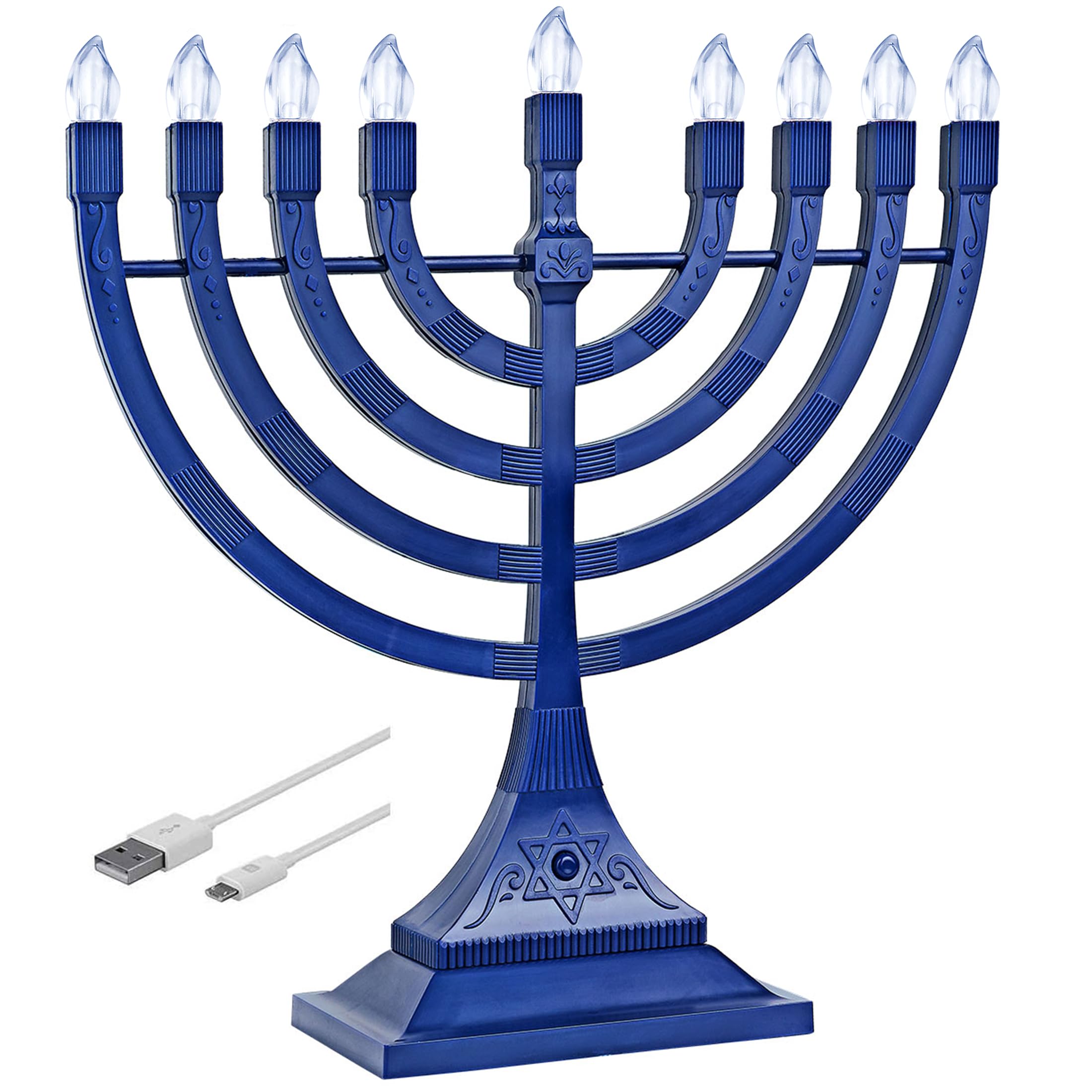Zion Judaica Menorah électronique Hanoukka Bleu Alimenté par Piles ou câble USB de 1,2 m Inclus Bougeoir sans Flamme Hanoukka Ampoules électriques LED Décoration Chanoukkia