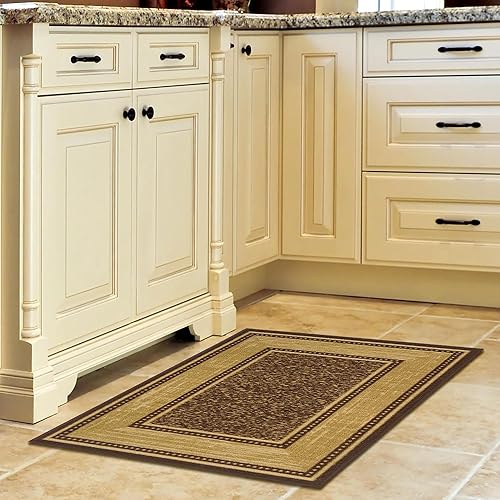 Miniatura 10 de Ottomanson Colección Ottohome Alfombra con parte trasera de goma, con diseño de bordes contemporáneos, 2 pies 3 pulgadas x 3 pies, color marrón