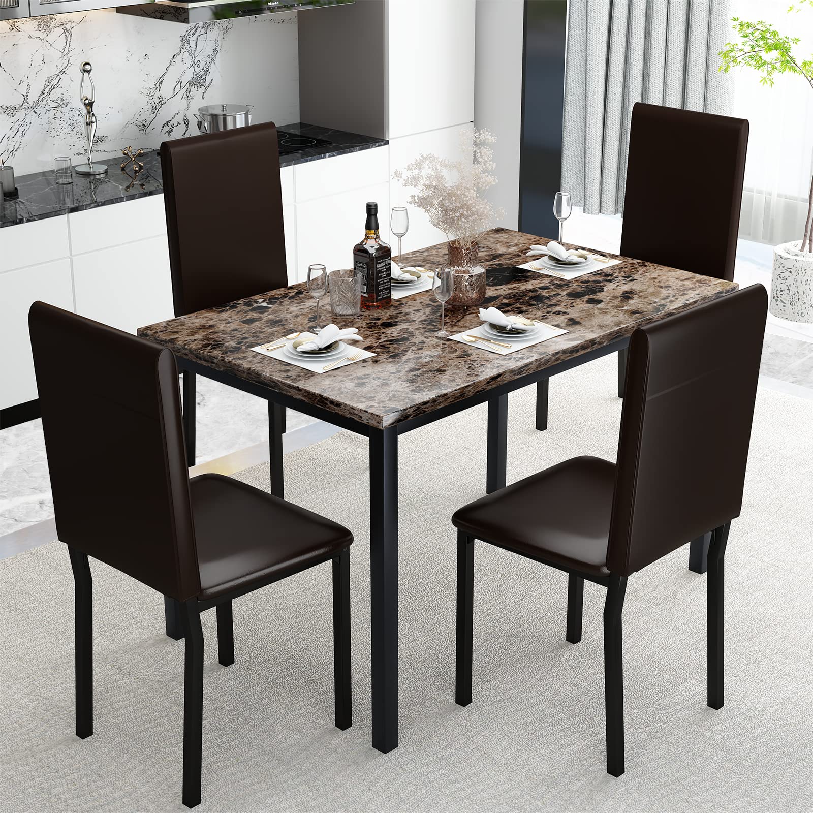 AWQM Kitchen Table and Chairs for 4,Faux Marble Dining Table Sets for 4