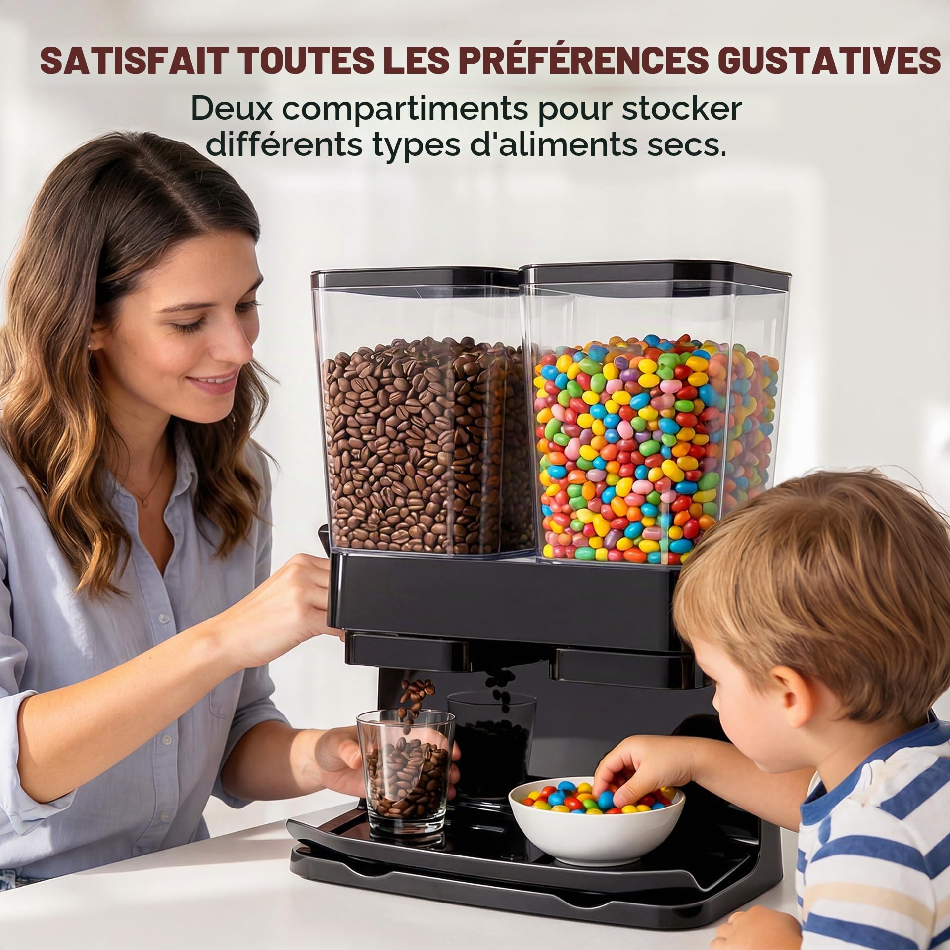 Sinceroduct Lot de 2 distributeurs de muesli - Double bac de rangement hermétique de 3 L - Grande capacité - Distributeur de flocons de maïs pour muesli, noix, grains de café, aliments pour animaux
