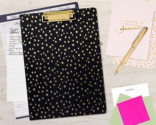 Miniatura 5 de Vera Bradley Portapapeles negro con bloc de notas rellenable bolsillo interior y lazo para bolígrafo lunares dorados medianoche