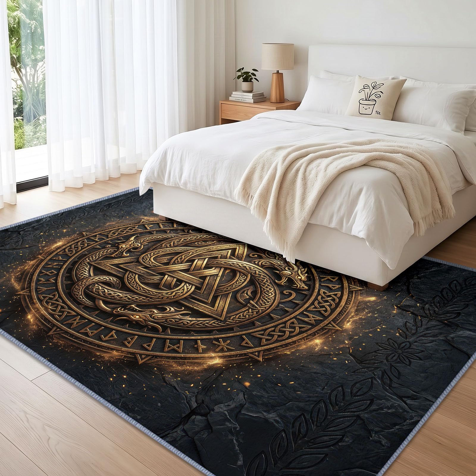 Générique Nordique Celtique Relief Tapis Poils Courts Résistant aux Griffures Animaux, Métal Badge Serpentin Bête-Dragon Tapis 120 x 170 cm Chambre Lavable et Antidérapant pour Bureau entrée Salon