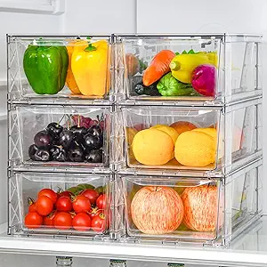 6Pack Pantry Organizers and Storage,Clear Stackable Kitchen Storage Organizer,Foods Organizer Bins with Handles, Easily Assemble for Bathroom, Kitchen, Refrigerator, Pantry, Cabinet, Closet