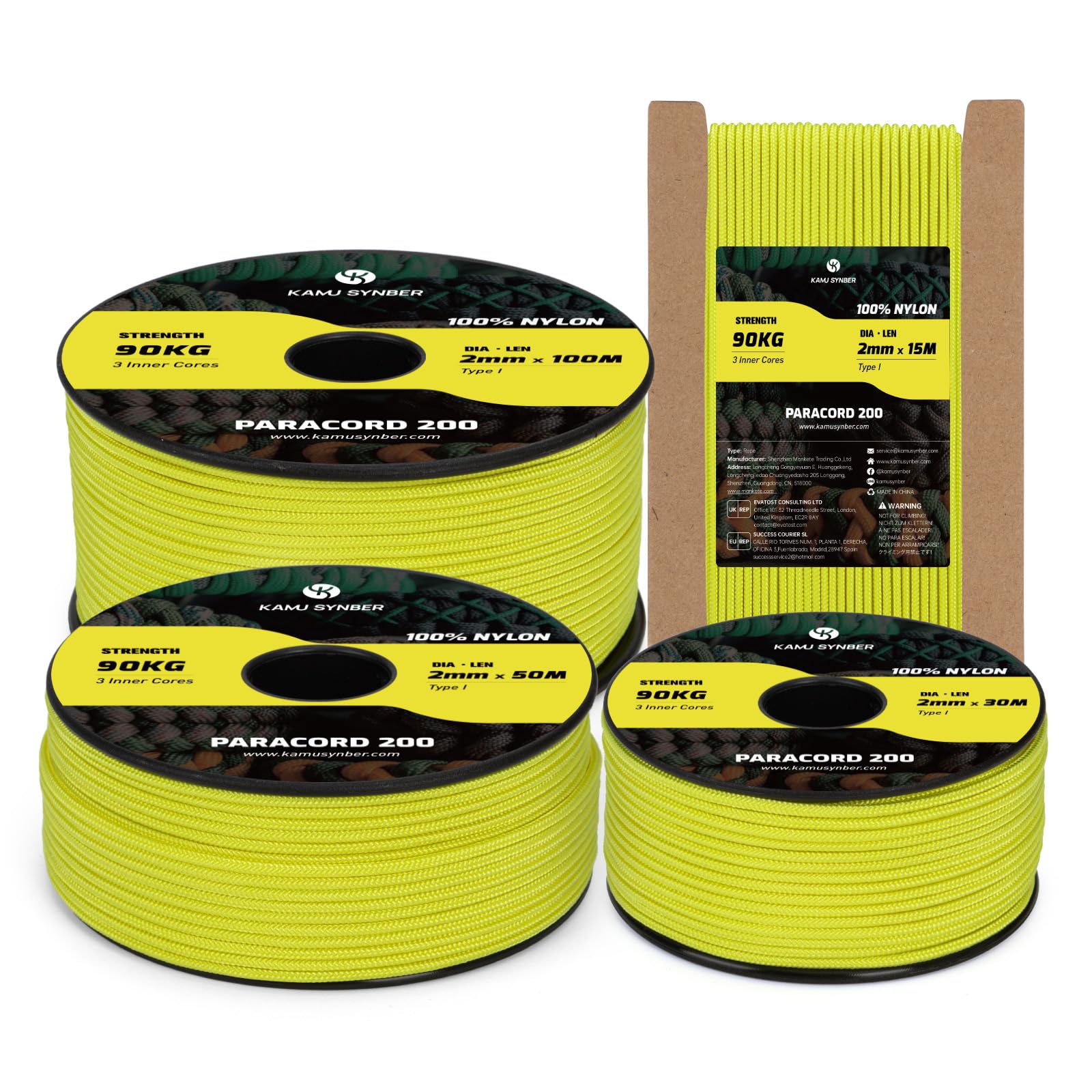 Kamu Synber Paracord 2mm 3 Strands 30M 100% Nylon Rope Type I Parachute Cord for Craft, Outdoor, DIY, Camping | Support 90kg | Neon Yellow