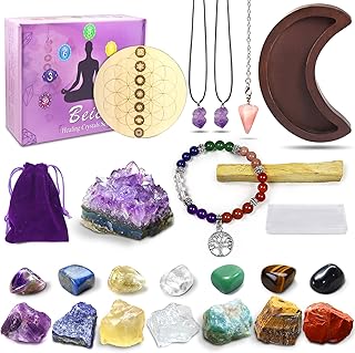 Healing Crystals Set, 23pcs Natural Healing Stones for Meditation Reiki, 7 Tumbled and 7 Raw Crystals for 7 Chakra Balancing, with Amethyst Cluster, Moon Tray, Rose Quartz Crystal Pendulum, Selenite