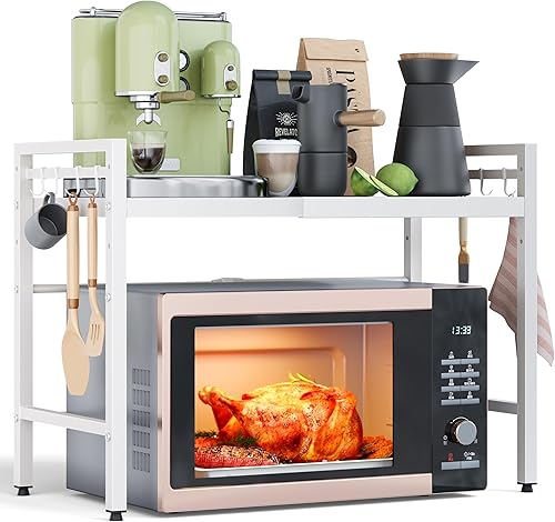 NETEL Soporte extensible para microondas, estantes organizadores de encimera de cocina de 2 niveles con 8 ganchos, estante para panaderos, estante disponible en Yaxa Costa Rica