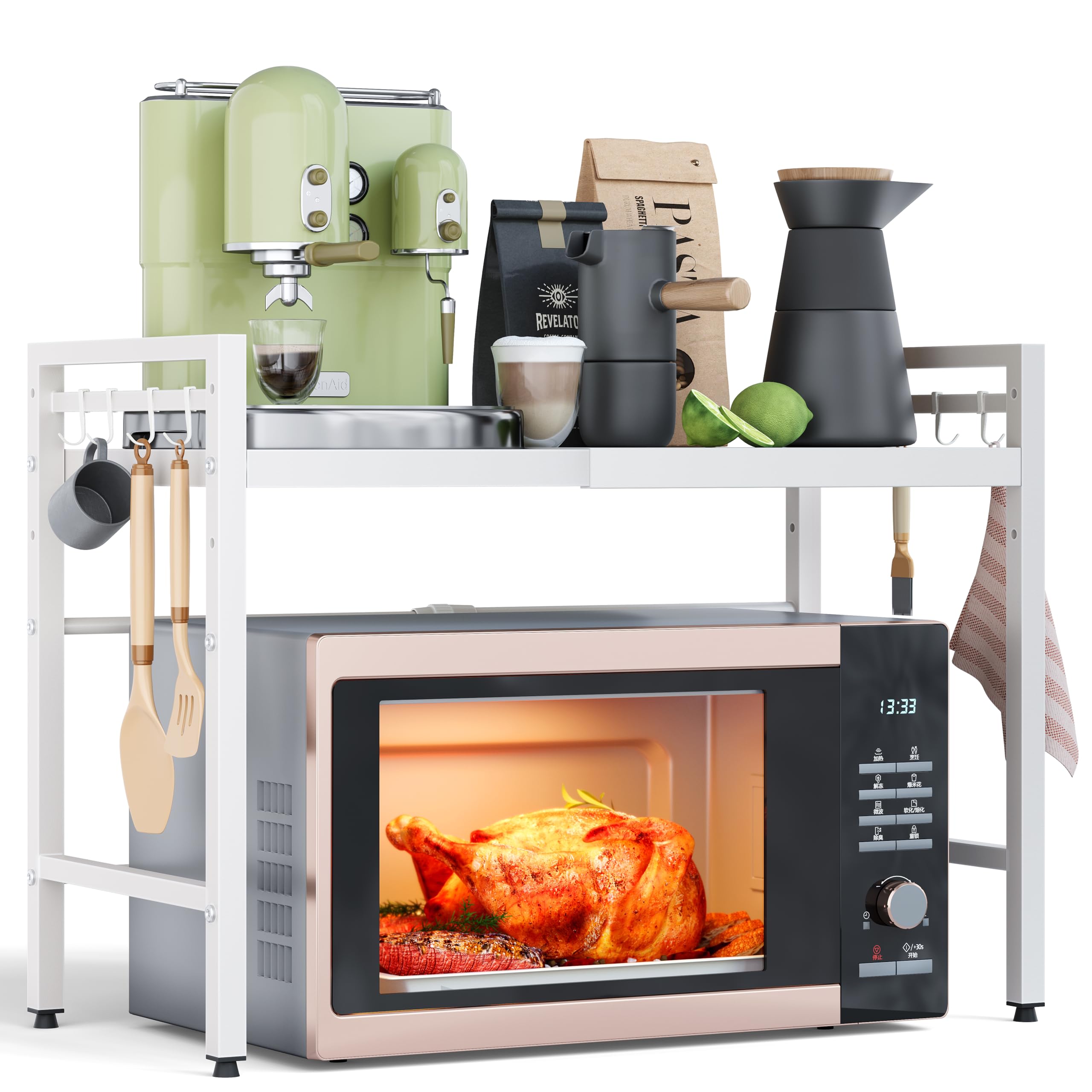 NETEL Expandable Microwave Shelf, 2 Tier Microwave Stand with 8 Hooks, air fryer shelf stand, Microwave Oven Rack, Kitchen storage & Organisation, Kitchen Countertop Organiser Shelves, white — image 1