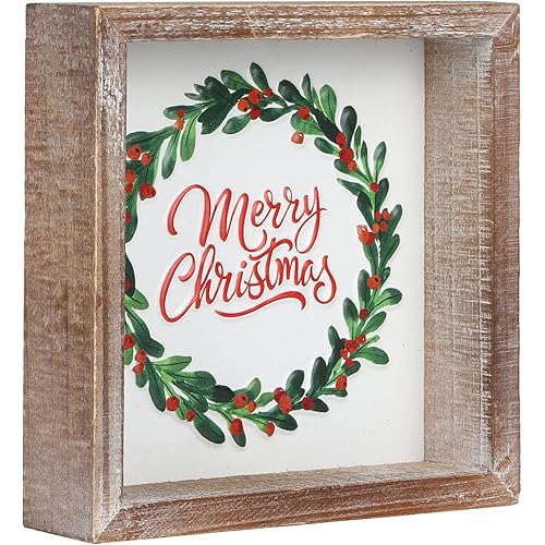 FESTWIND Christmas Block Sign, Merry Christmas Wreath Sign Embossed Metal With Wood Frame - Shelf, Mantel, Winter - Rustic Farmhouse Christmas Home Decor