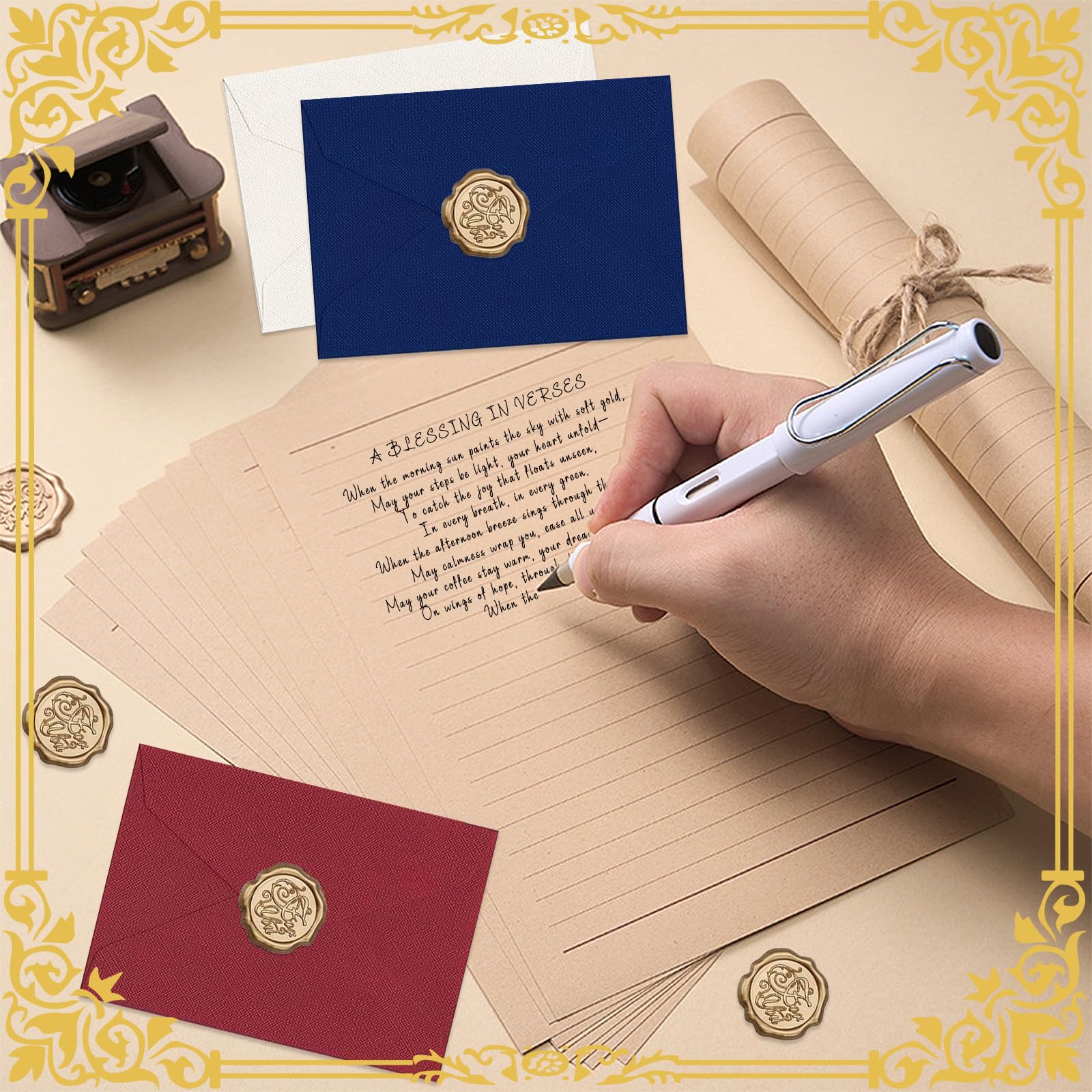 Set di Carta da Lettere Vintage 38 Pezzi, Buste in Lino con Sigillo di Cera, A5 Kraft per Inviti Nozze