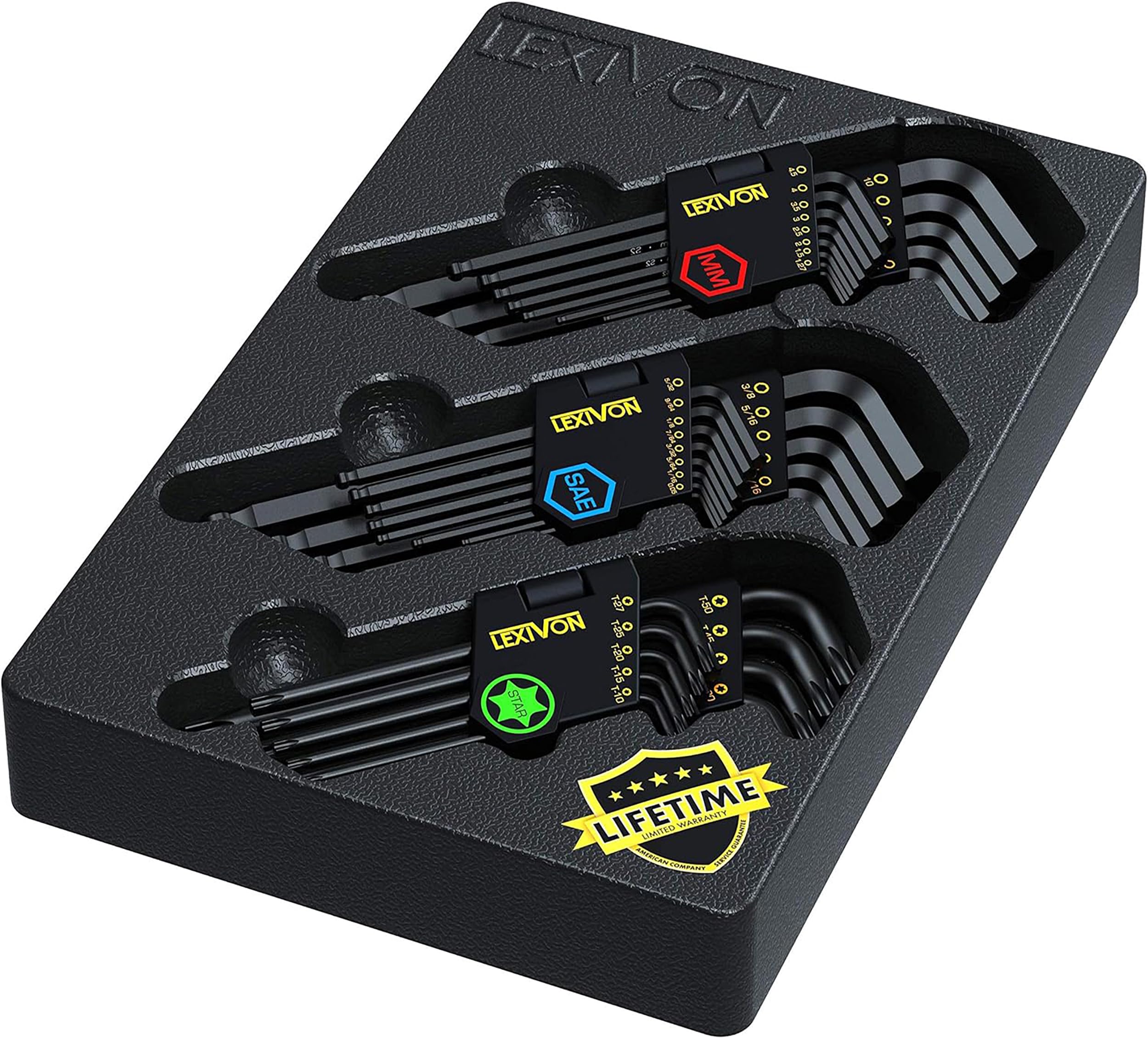 LEXIVON Jeu de 35 Clés Allen Métrique Hexagonal Torx et SAE, Clé Allen Manche Long Mâles pour vis à six pans creux, Métriques: 1,27 à 10mm Impériales Clés: 0.05 à 3/8", Torx: T10 à T50 (LX-131)