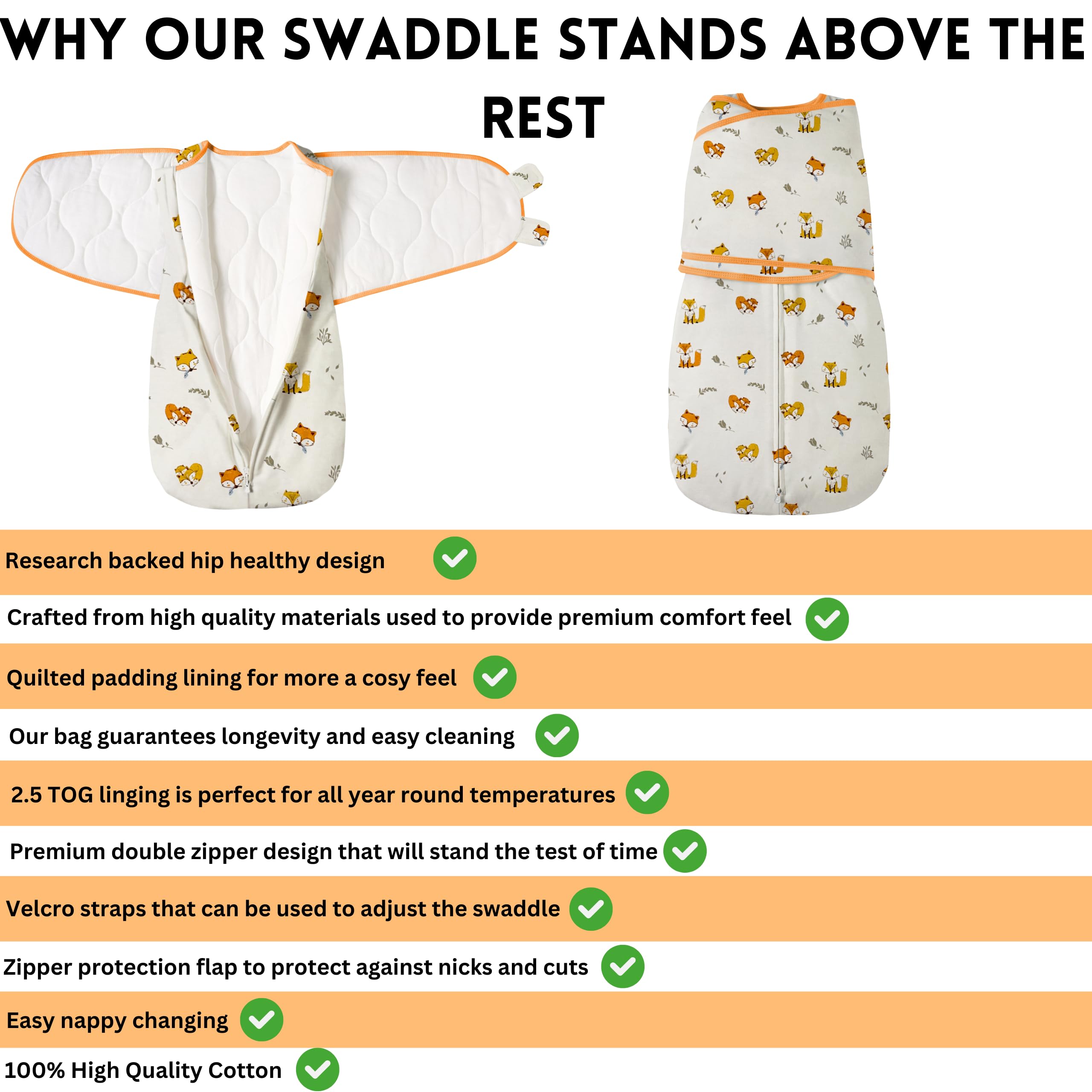 Teruko Baby Swaddle Sleep Sack 2.5 Tog, Quilted Cotton Sleeping Bag with 2-Way Zip & Adjustable Velcro Wrap - Image 3
