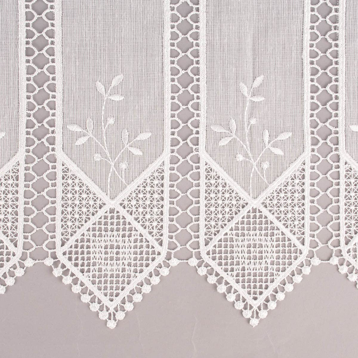 Rideau brise-bise sans couture aspect lin crochet broderie feuilles écru, hauteur 45 cm