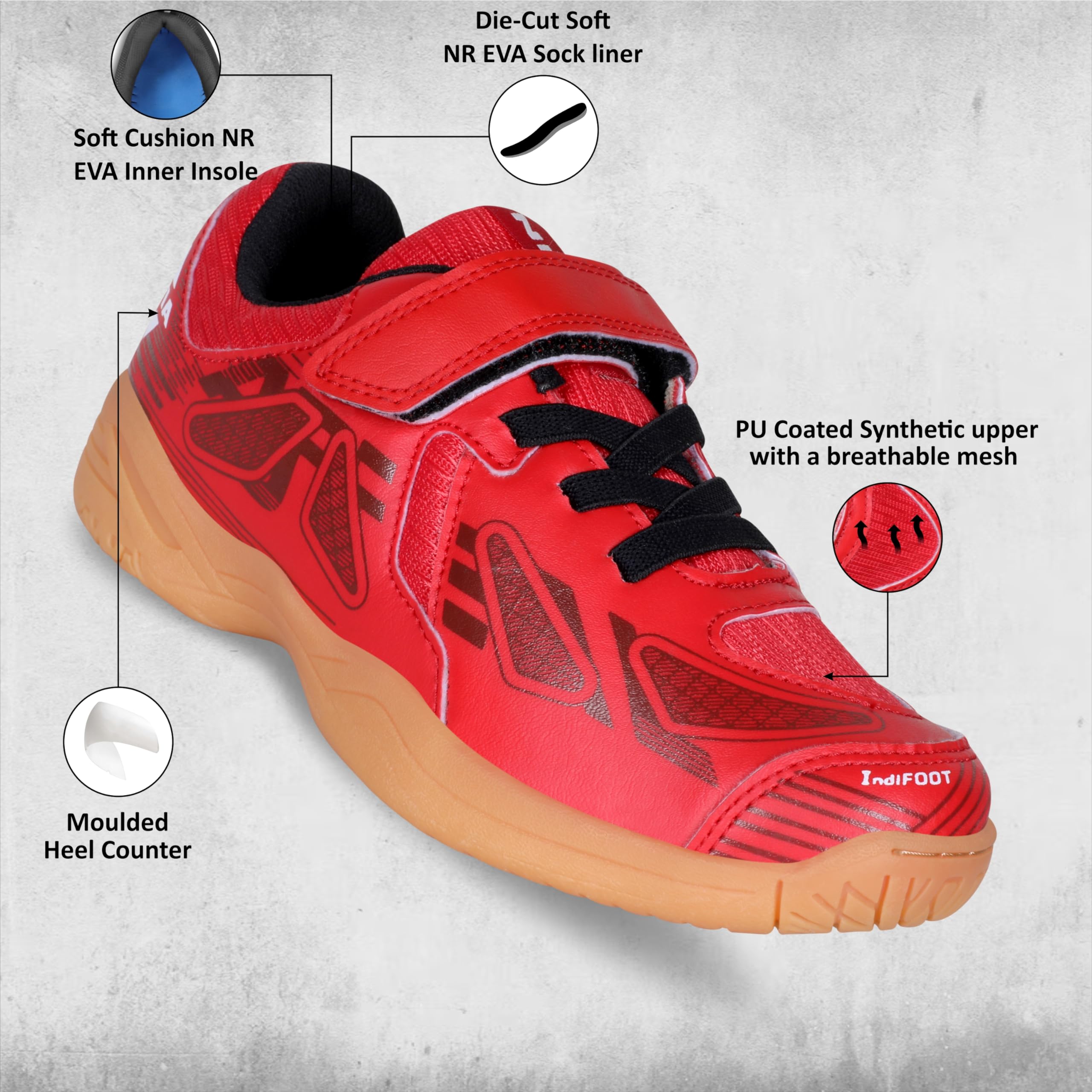 Nivia Appeal 3.0 Badminton Shoes for Kids, Mesh & PU Upper, Duofoam Midsole, Non‑Marking Hex-Grip Round Sole (Red/Black), UK02