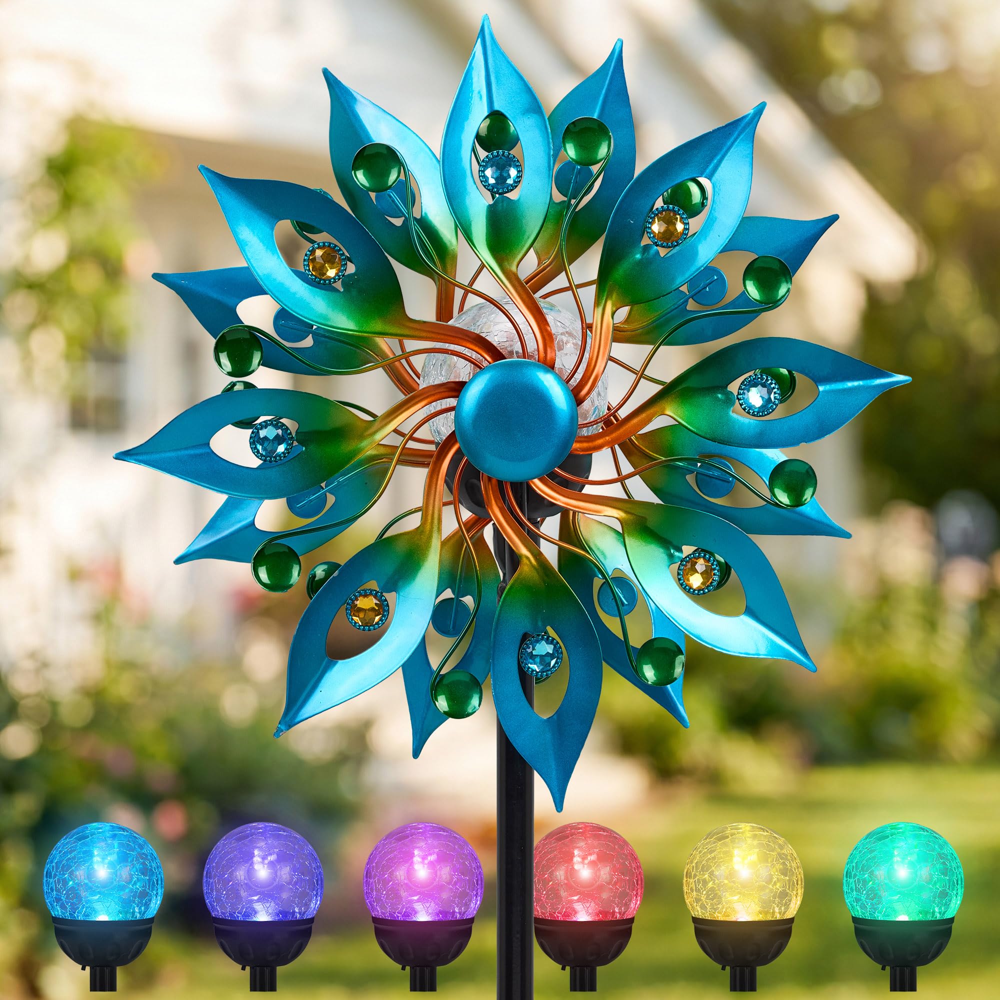 Solar Wind Spinners Outdoor - Peacock Feather Metal Kinetic Garden Spinner - 63Hx13W Large Dual-Directional Wind Sculpture with Multi-Color LED Glass