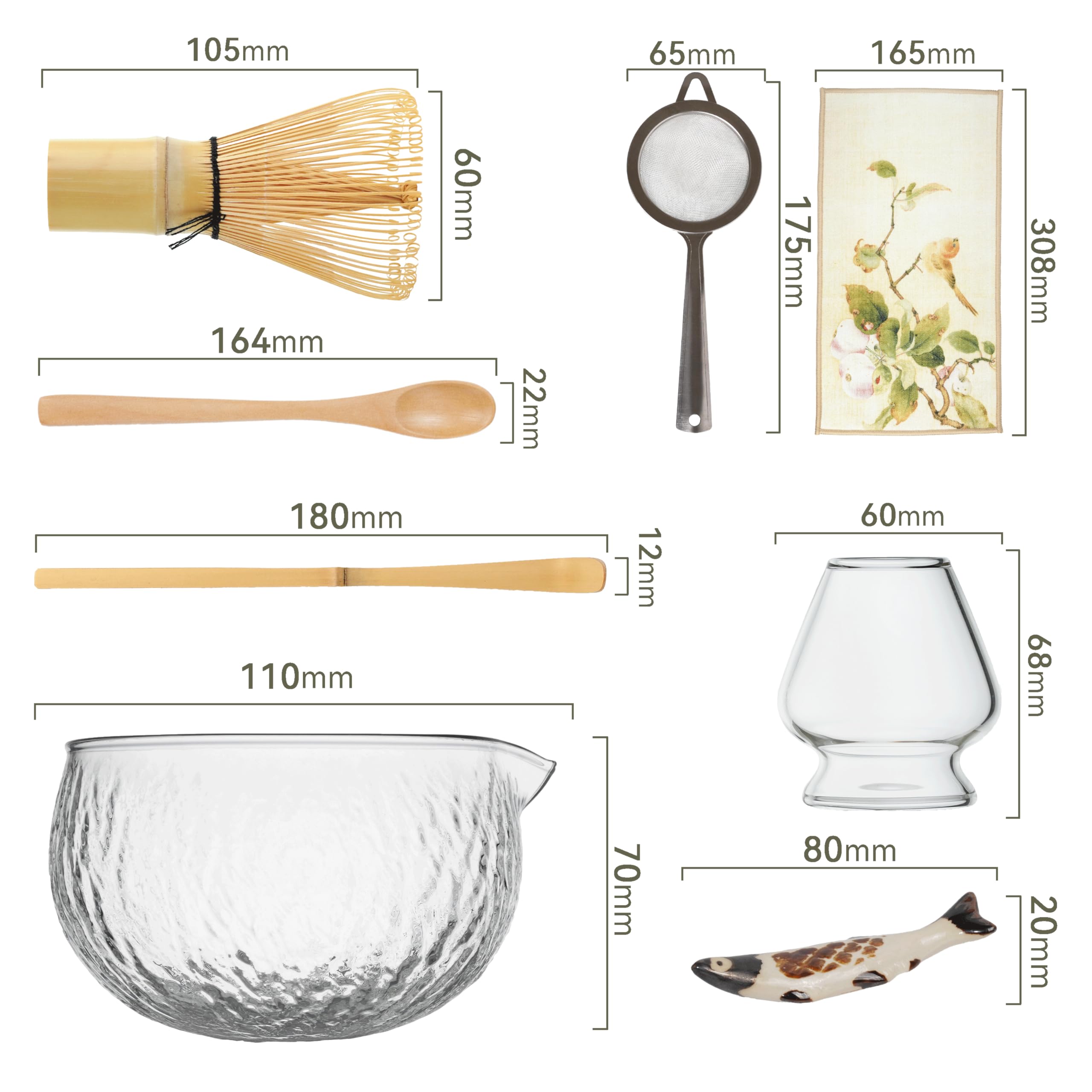 Kit Matcha Cérémonial HEI MING 8 Pièces - Bol Verre, Fouet Et Accessoires Traditionnels