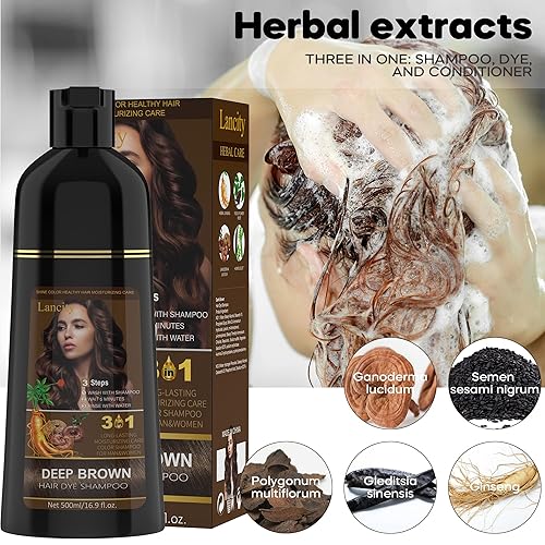 Miniatura 6 de Lancity Champú de tinte para el cabello marrón 3 en 1, champú para colorear instantáneamente, cobertura de cabello gris, tratamiento natural a base