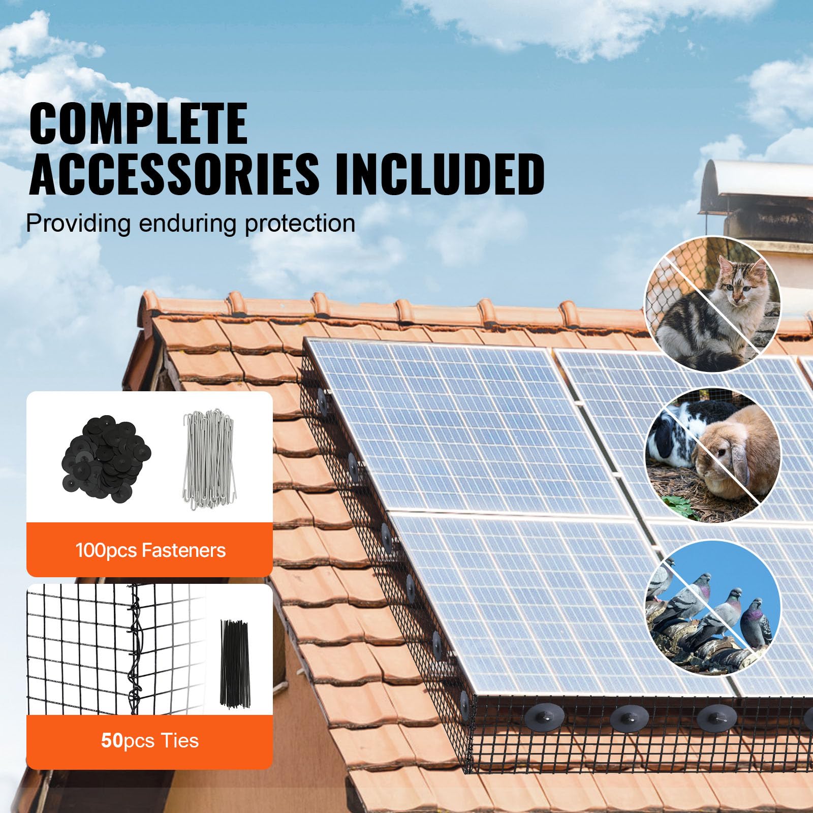 VEVOR Rejilla de Protección de Paneles Solares en Rollo 15,2 cm x 30,5 m Kit de Enrejado Antipájaros 100 Bridas de Acero Inoxidable Revestimiento de PVC Inoxidable Malla Metálica de 12 mm