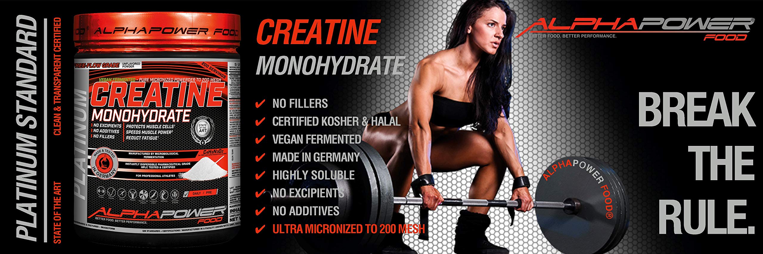 ALPHAPOWER FOOD Monohidrato de creatina, vegano, polvo de creatina bioactiva, 1 kg, probado en laboratorio, ultramicronizado de Alemania, certificado Kosher & Halal