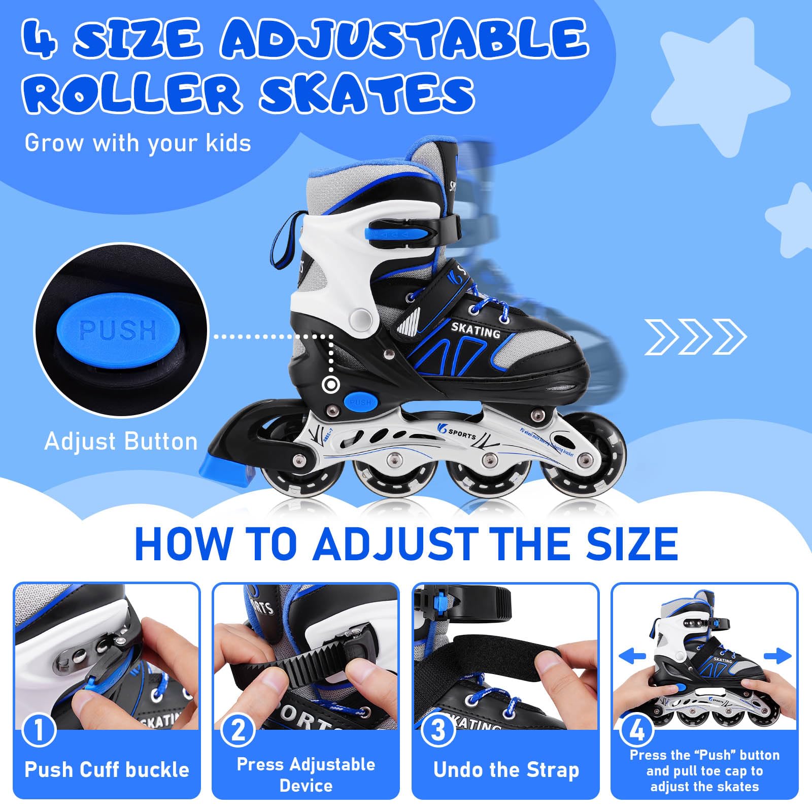 Pattini in Linea per Bambini, Pattini a Rotelle Regolabili Pattini a 4 Ruote per Ragazzi Principianti