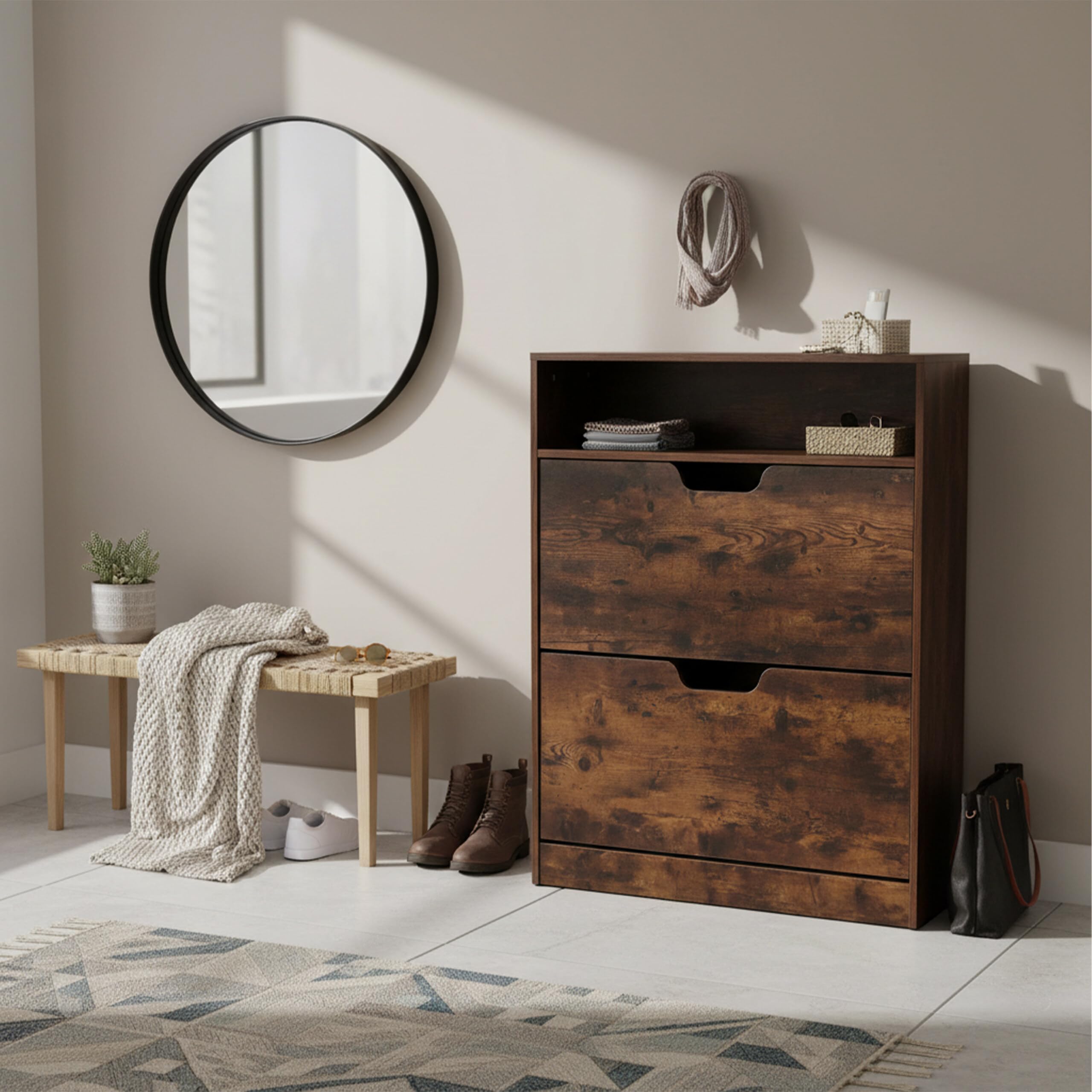 Relaxdays Scarpiera, HBT: 102x80x24 cm, 12 Paia, 2 ribalte, Ingresso, Stretta, Moderna, Marrone